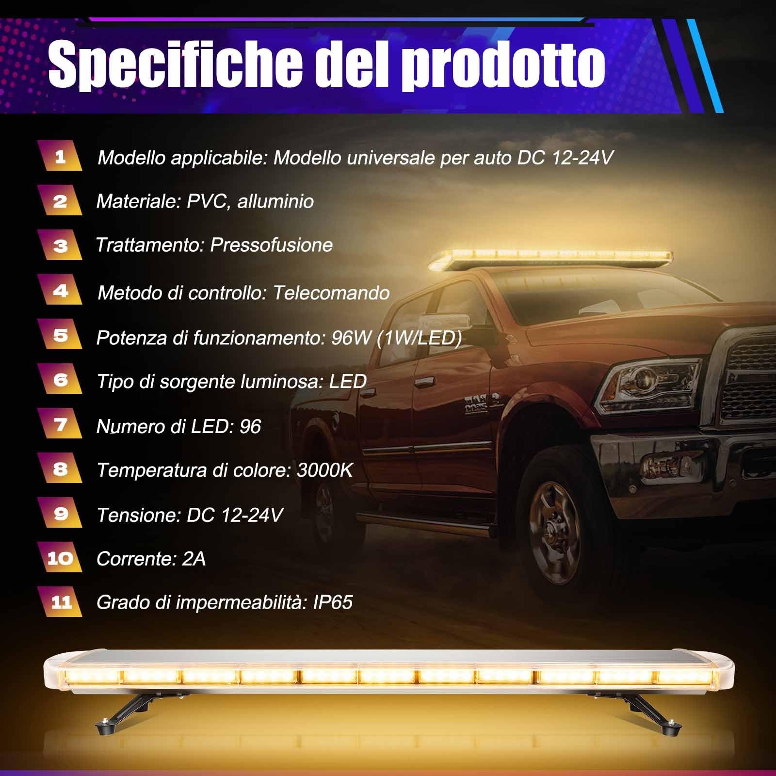 96 LED lampeggiante di emergenza, 130 cm, 16 modalità Lampeggiante da tetto, lampeggiante di sicurezza con base magnetica, adatto per veicoli commerciali 12V/24V，Trattore lampeggiante