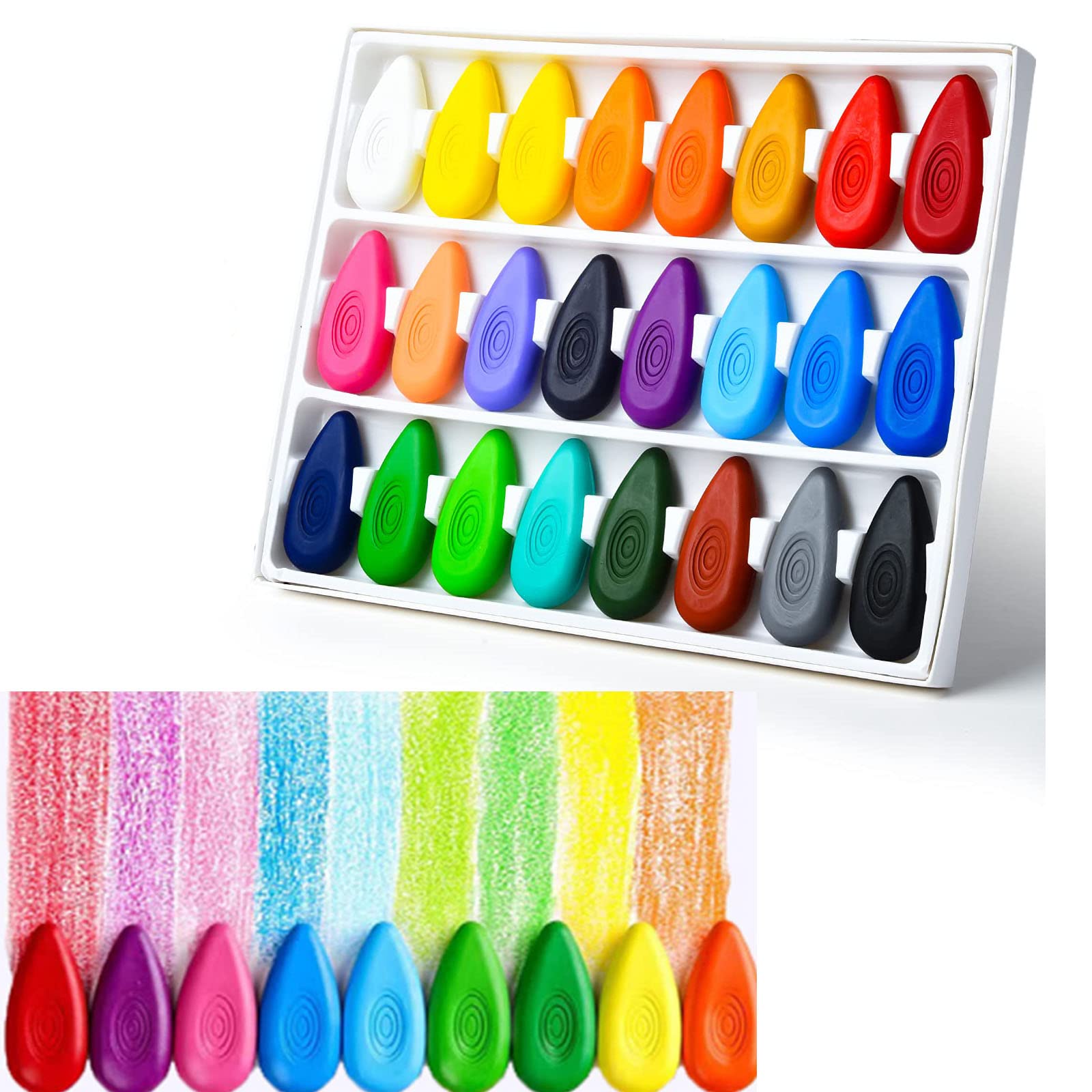 HBSTUDIO Washable Toddler Crayons, Water-Drop Shape, Non-Toxic, Safe for Babies & Kids Age 3+, Coloring Crayons Set (24 Colors)