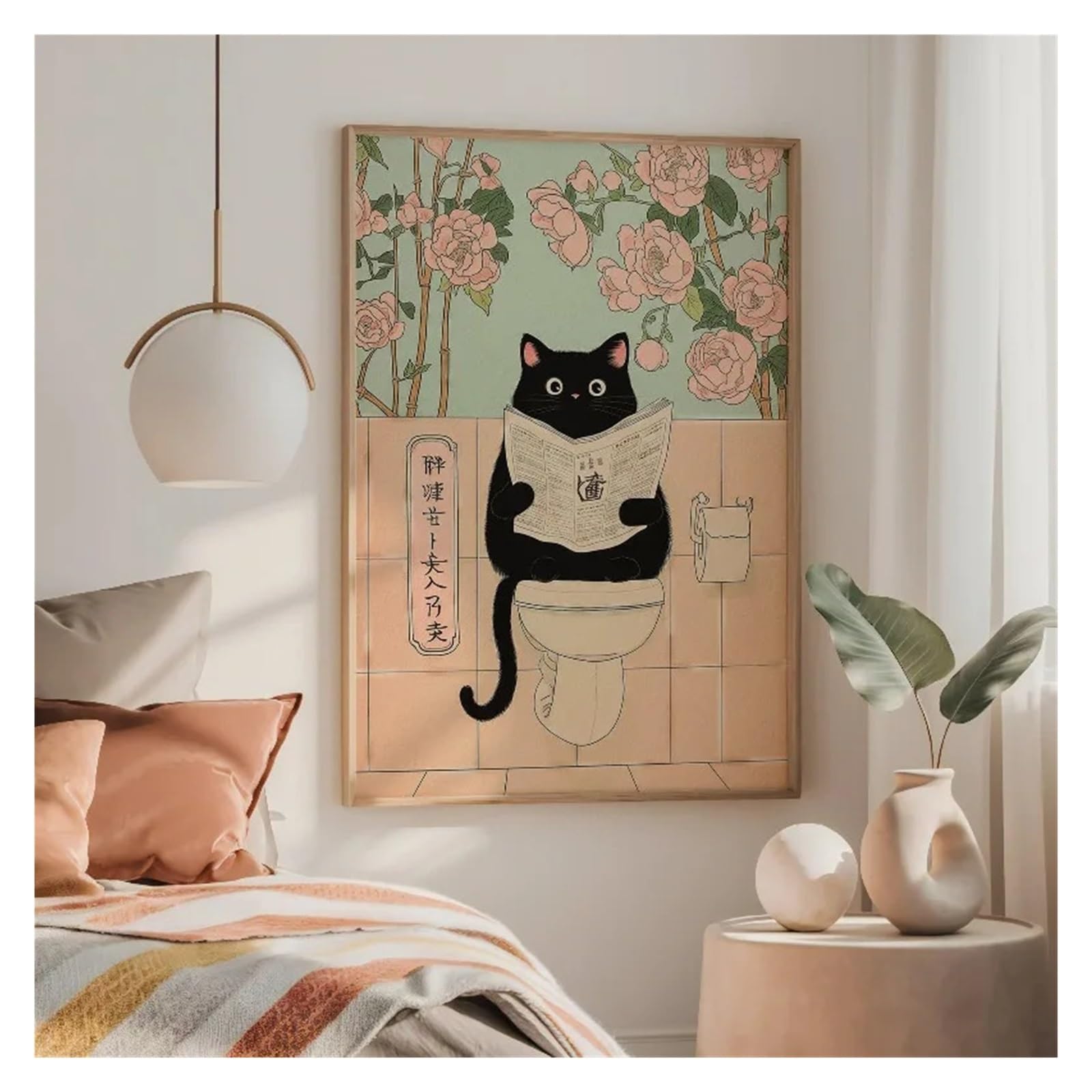 Graiting 1pc Noble Tabby Cat Eating Ramen Fuji View Poster Wall Pictures Canvas Painting Home Bathroom Decor(12,20x30cm)
