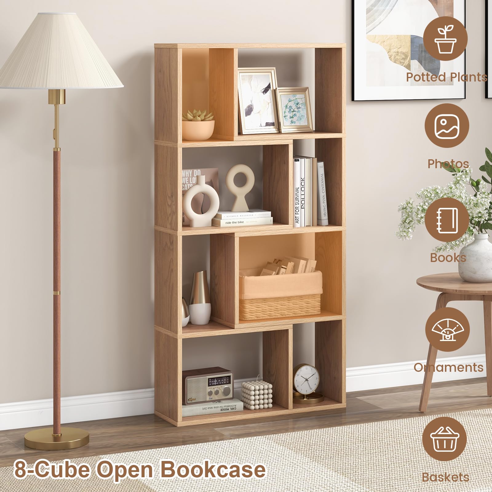 HOMASIS Librería de Pared con 4 estantes, Estantería con Patas Antideslizantes y Dispositivo antivuelco, Estantería Cubo de Madera, Librería Separador para salón, Dormitorio, 60x20x120cm (Natural)
