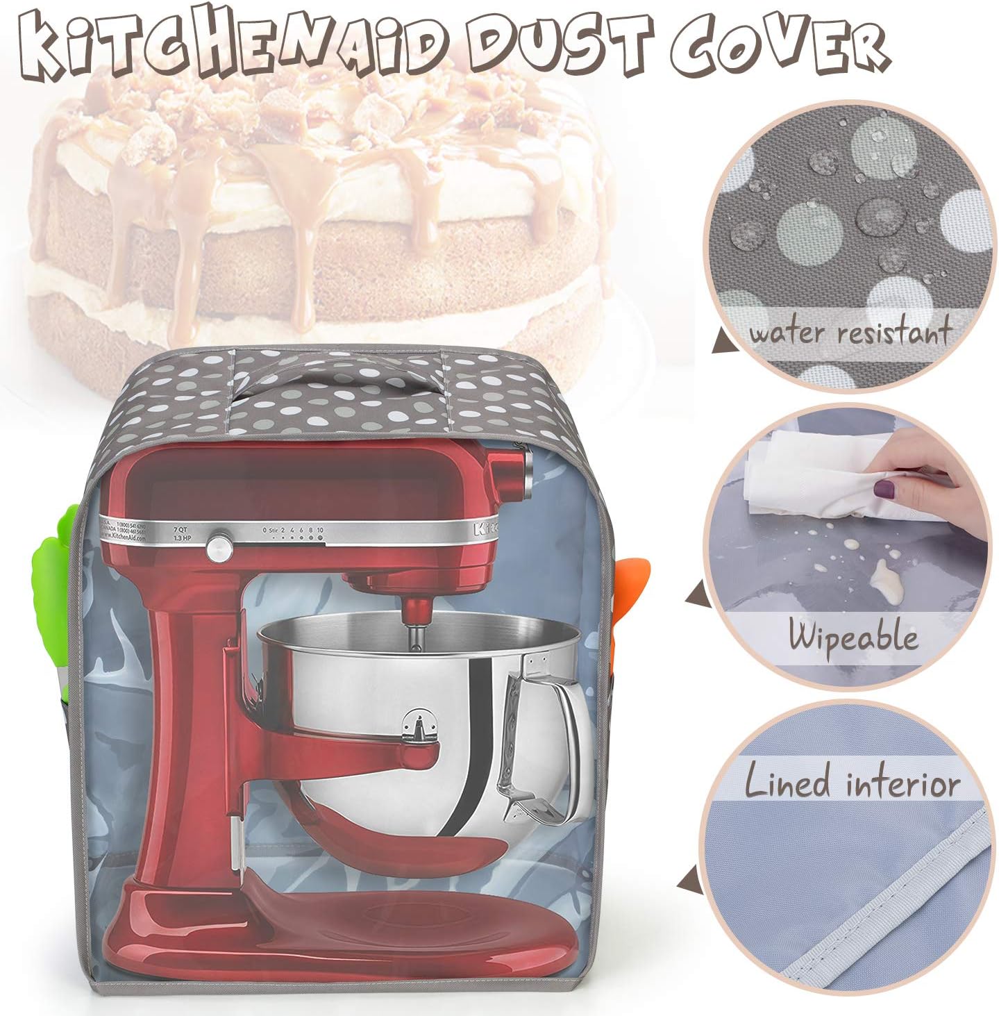 Luxja Clear Front Panel Dust Cover Compatible with 6-8 Quart KitchenAid Mixers, Dust Cover with Top Handle for Stand Mixer and Extra Attachments (Fit for All 6-8 Quart Stand Mixer), Gray Dots