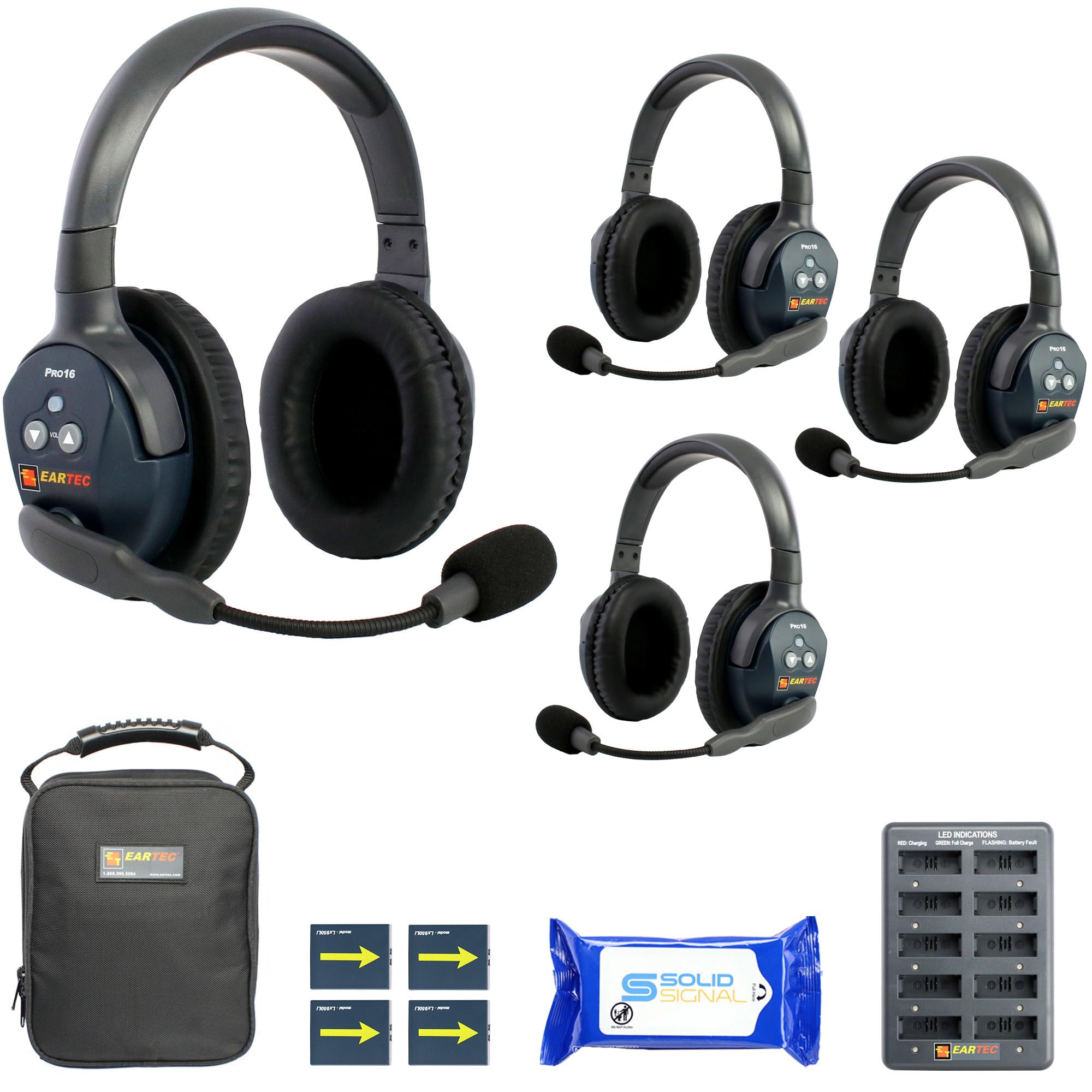Eartec ETP4D Ultralite PRO16 Hands Free Full Duplex Wireless Headset Communication for 4 Users – 4 Dual Ear Headsets, Up to ½ Mile Range, with SolidSignal Cleaning Wipes Bundle
