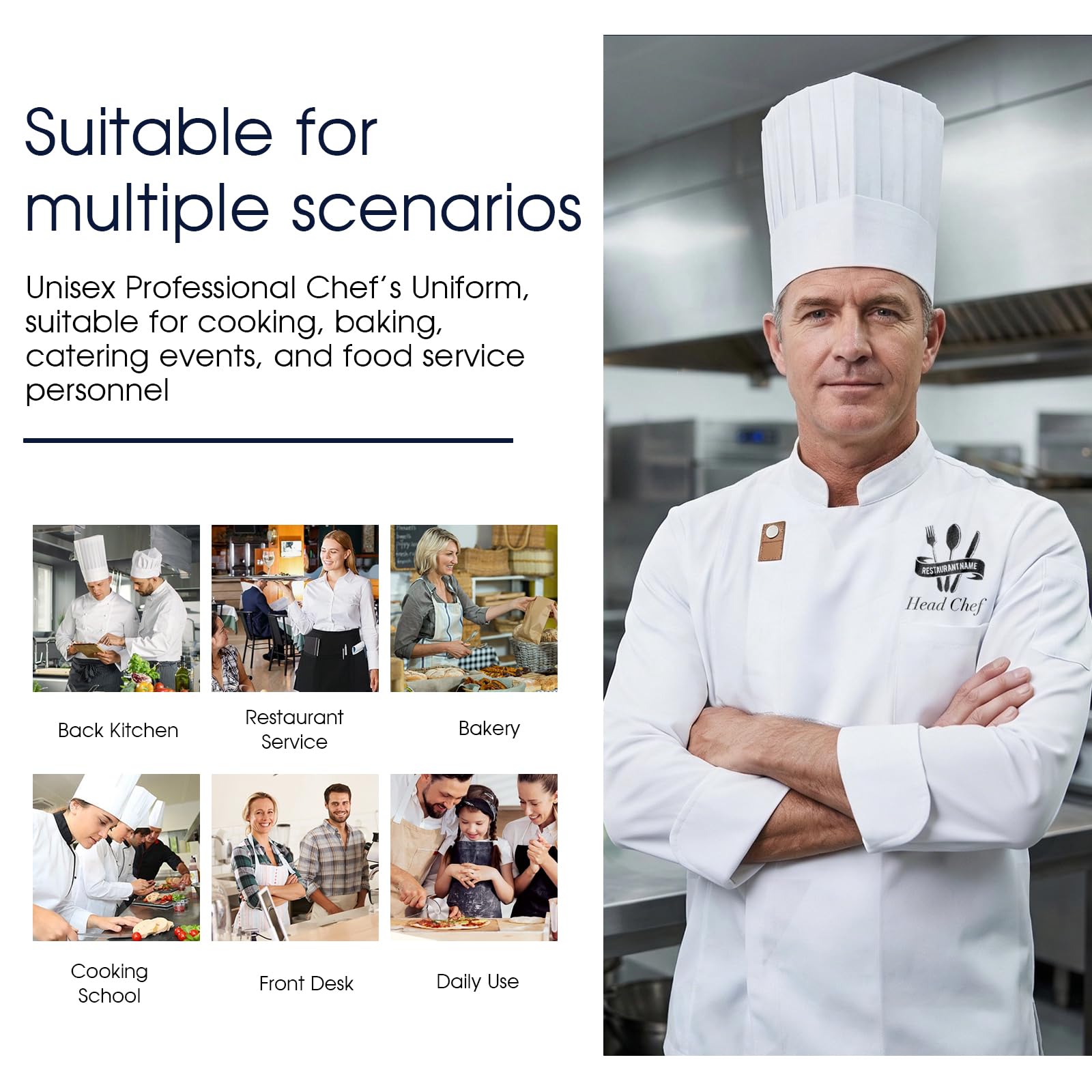 Generisch Kochjacke Herren Personalisierte Kochuniformen Kochjacke Damen Koch Kostüm für Hotel-Küchen-Restaurant-Kochschule - 5