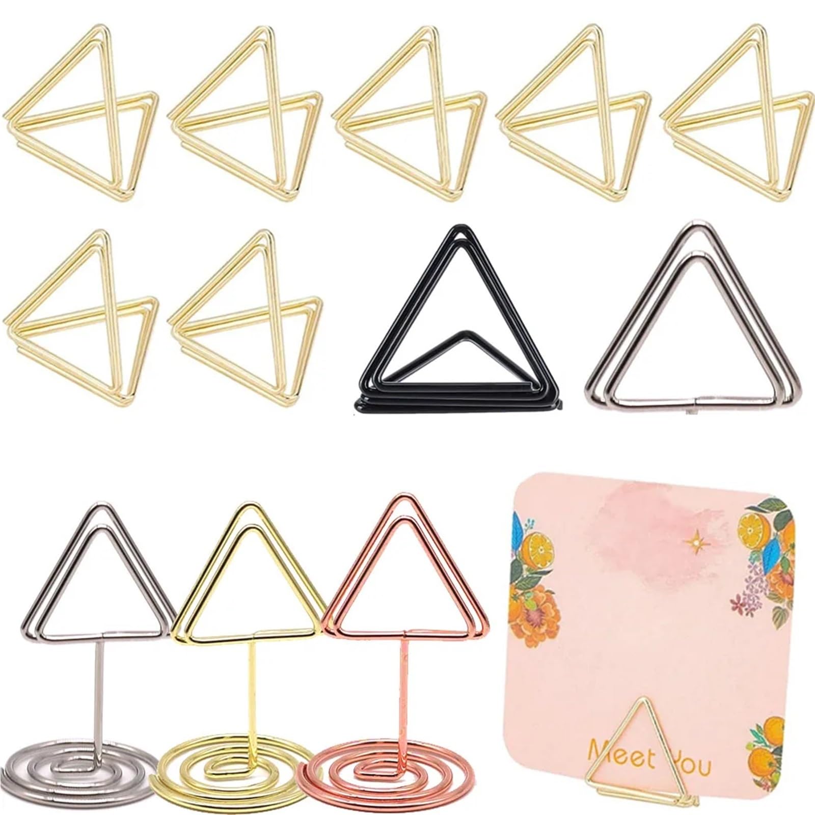 Tischkartenhalter aus Metall, dreieckig, Foto-Clip-Ständer, Hochzeit, Tischnummer, Namensschild, Ständer, 100 Stück (Mini-Gold)