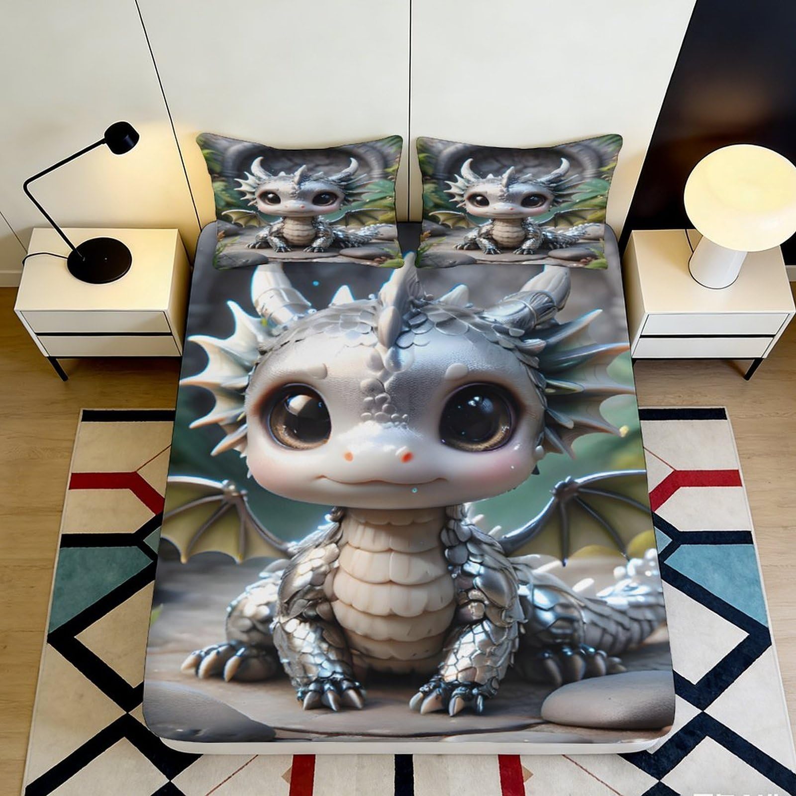 3D Printed Cute Dragon Fitted Sheet Microfiber Non-Slip Deep Pocket Cartoon Dragon Mattress Fitted Cover Machine Washable Bedding 140x200x25cm