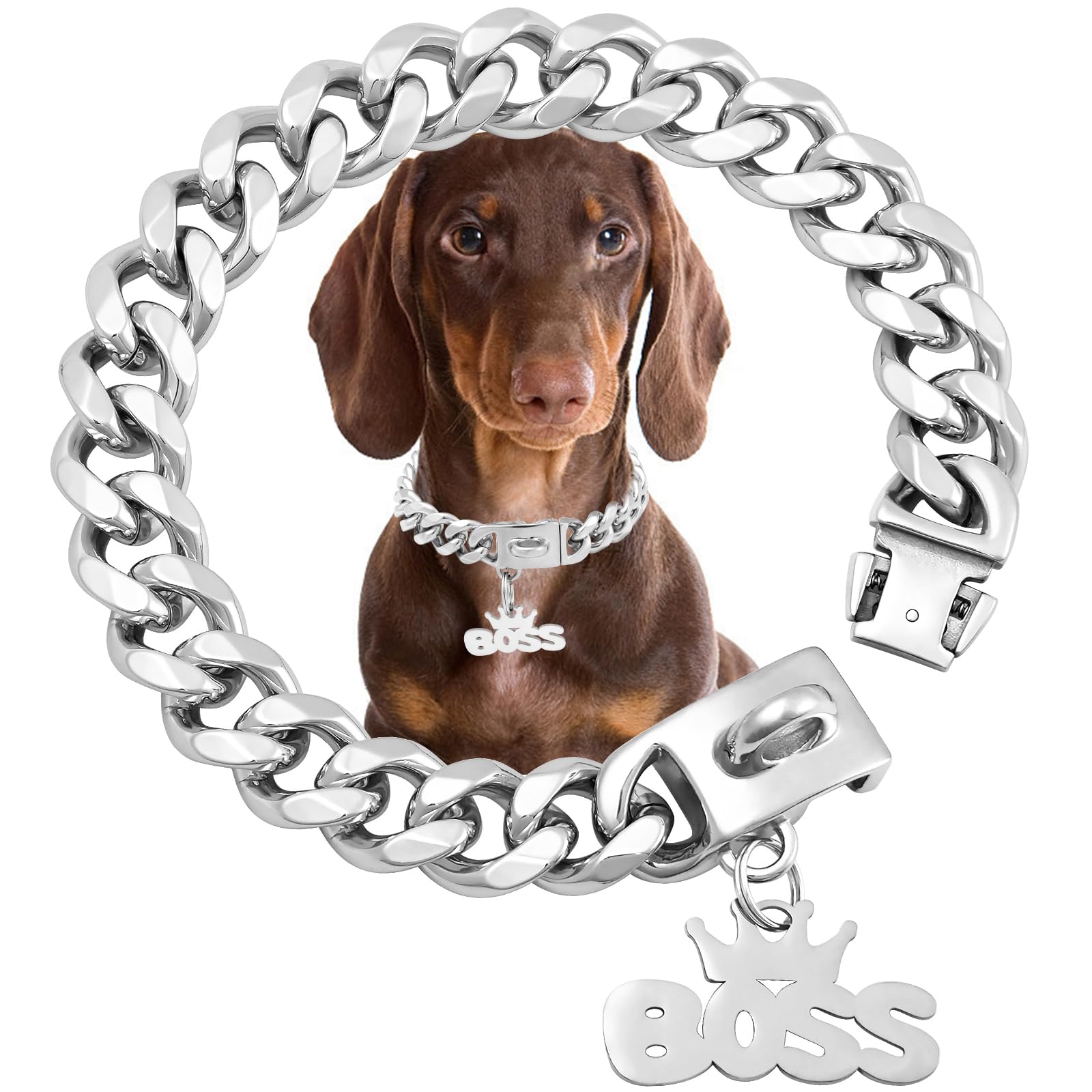 Solid Steel Dog Chain Collar with Buckle,15mm Wide Metal Stainless Steel Chew Proof Cuban Link Chains Walking Training Collars Necklace for Small Medium Dogs(22 inches)