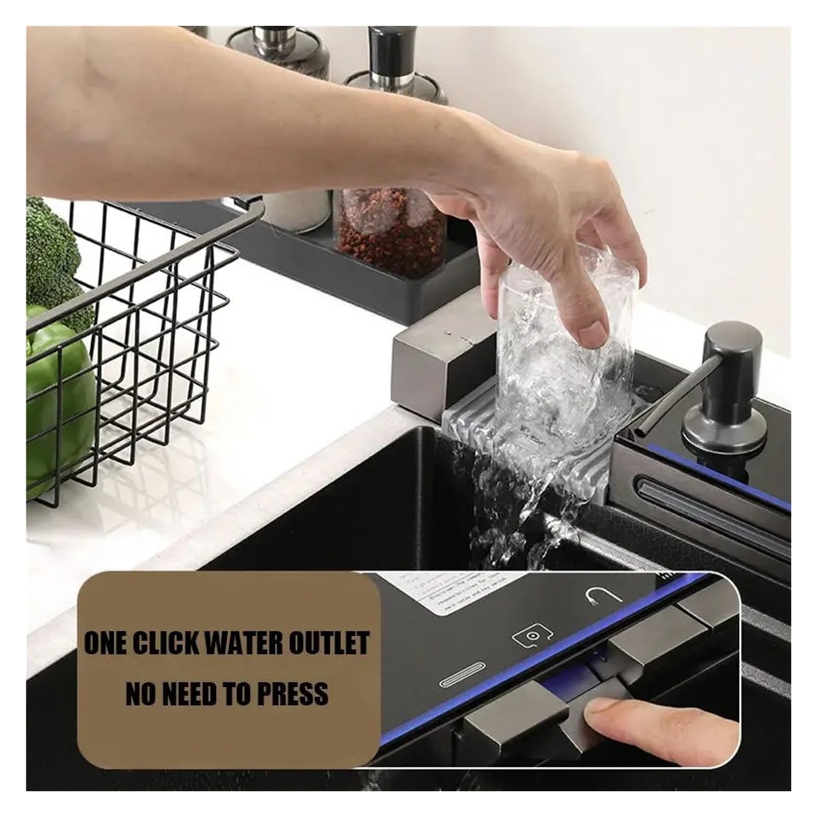 Fregadero De Cocina En Cascada Acero Inoxidable 304, Juego Grifería Con Pantalla Digital Integrada Ranura Única, Dispensador Jabón, Lavadora Tazas FáCil De Limpiar Y Mantener