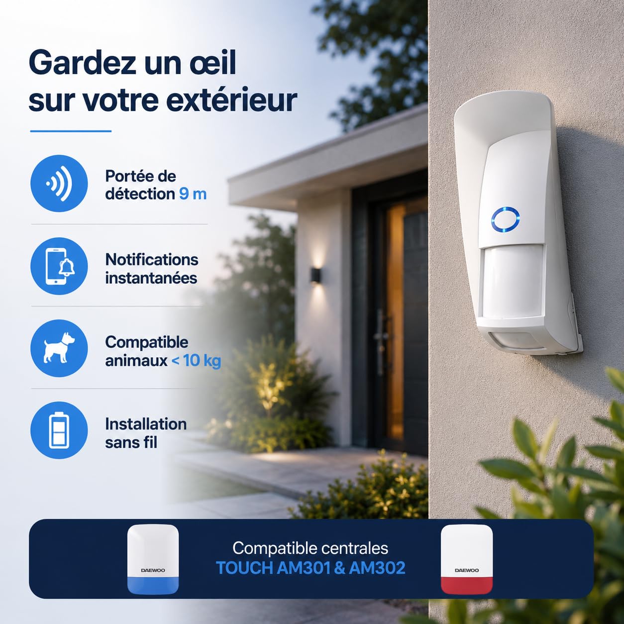 Détecteur de Mouvement Extérieur Daewoo WMO301 – sans Fil – Détection 9m – Compatible Animaux – App Daewoo Home Connect – Compatible Touch AM301/AM302 & Vigilia – sans abonnement