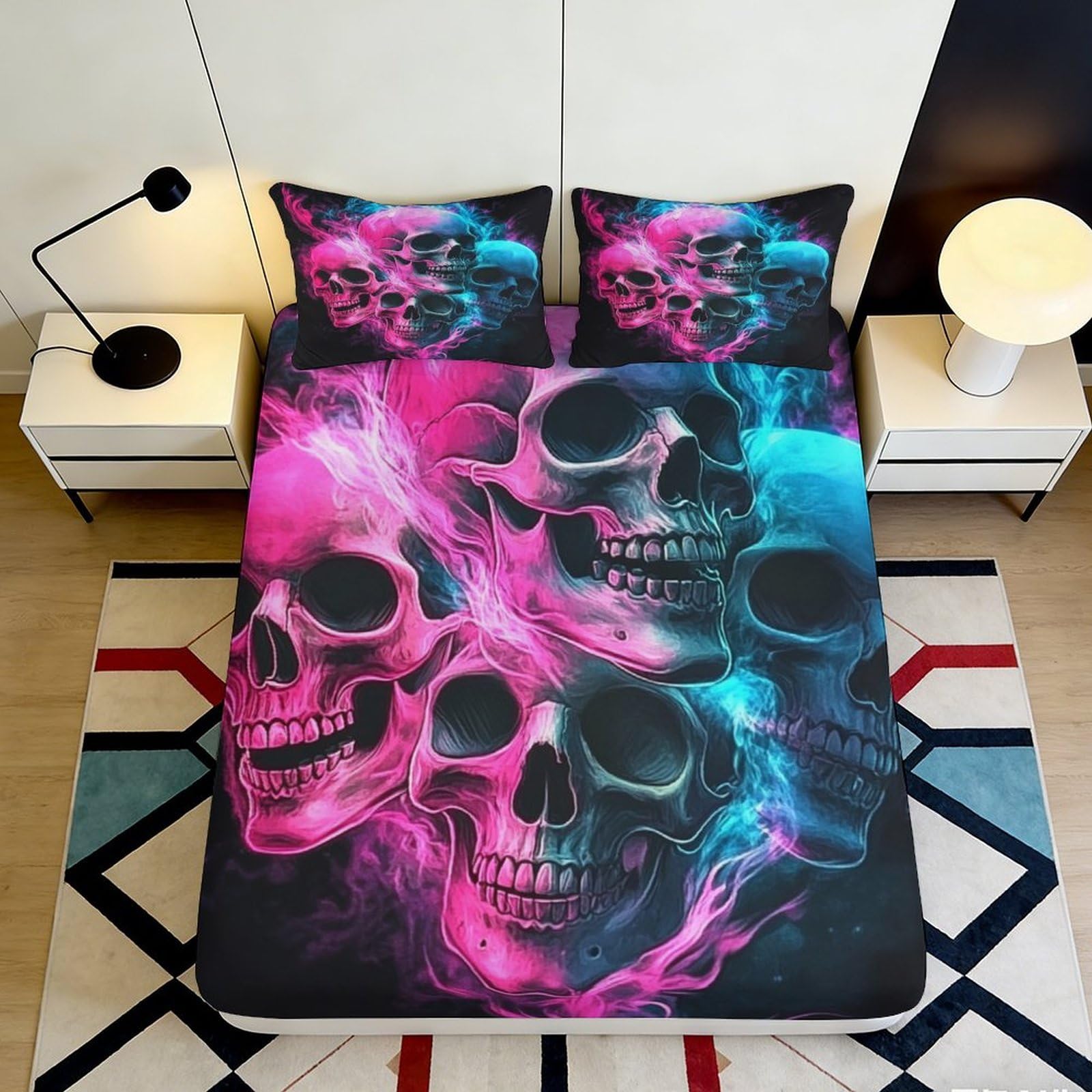 3D Printed Neon Skull Fitted Sheet Microfiber Durable Soft 3D Printed Colorful Skull Mattress Cover for Bedroom Dorm Dormitory Guest Room 200x200x25cm