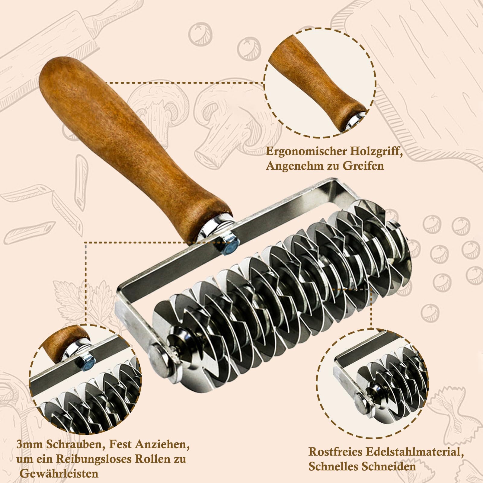 Qivine Gitterroller Teig, Gitterwalze Teigschneider Edelstahl mit Holzgriff, Kuchen Gitterschneider Nudelschneider für Pizza, Pastry, Brot