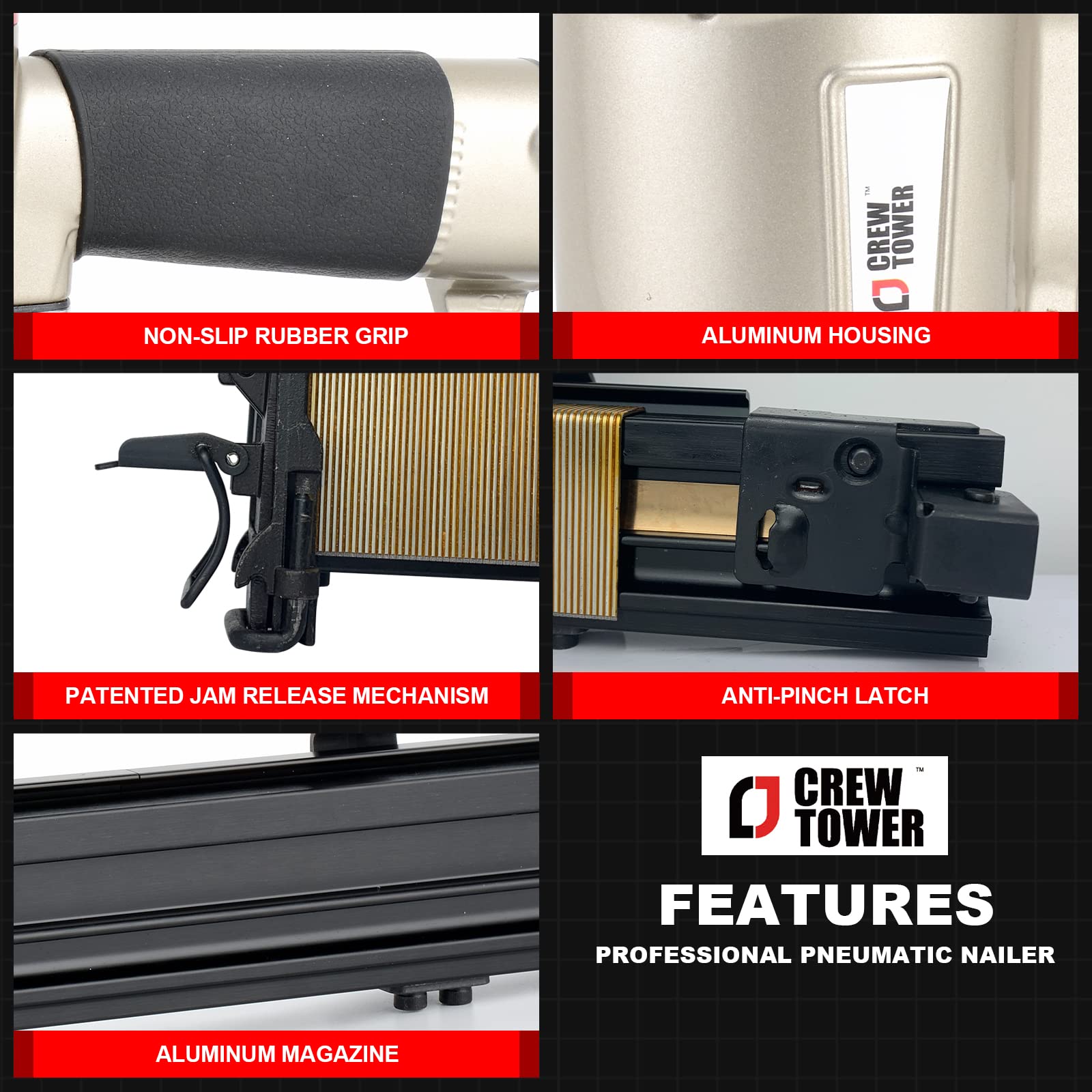 CREWTOWER Construction Stapler, 16 Gauge 15/16-inch Wide Crown, Pneumatic Air Staple Gun for Fence Wire Wood Lathes Slats Furniture Frames Pallets and Finish, Heavy Duty