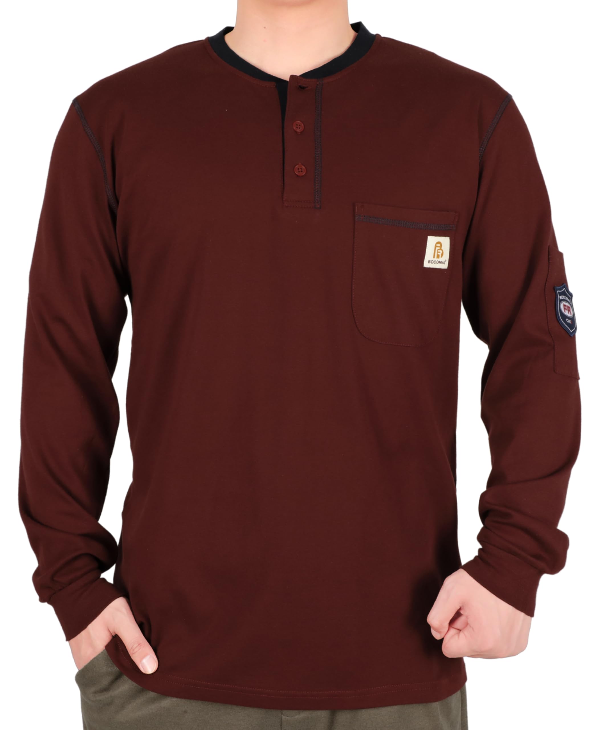 BOCOMAL FR Shirts for Men CAT2 5.5oz Long Sleeve Henley Workwear Flame Resistant Fire Retardant Shirt