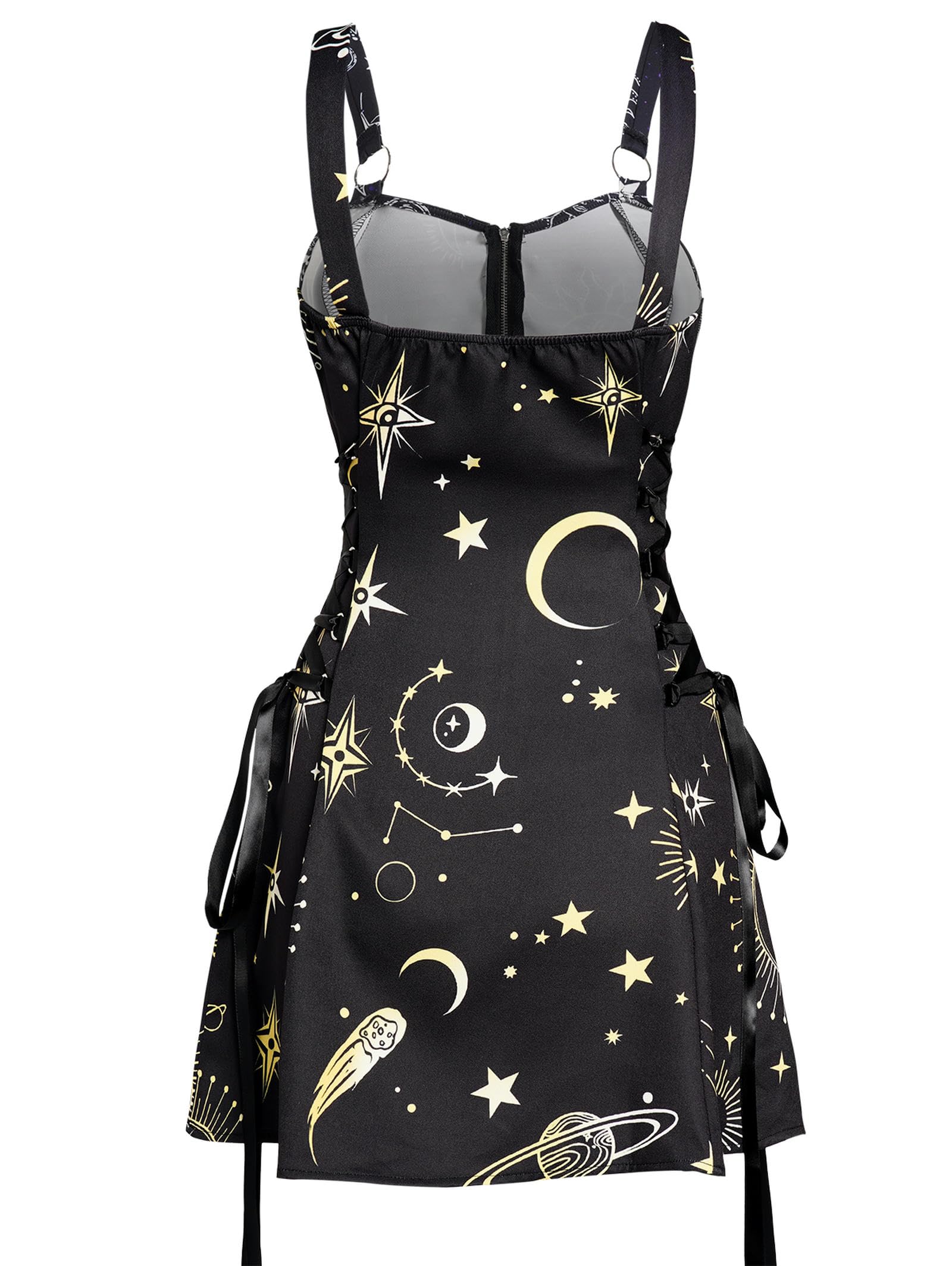 Mini Robe à Lacets imprimé Soleil céleste et Lune, débardeur Gothique d'été à col carré pour Femmes, Noir 9801-XL