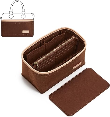 KESOIL Purse Organizer Insert for Handbags, Fit Speedy 25 Neverfull Felt Tote Insert with Base Shaper Zipper Bag in Bag (Brown-Felt, Medium)