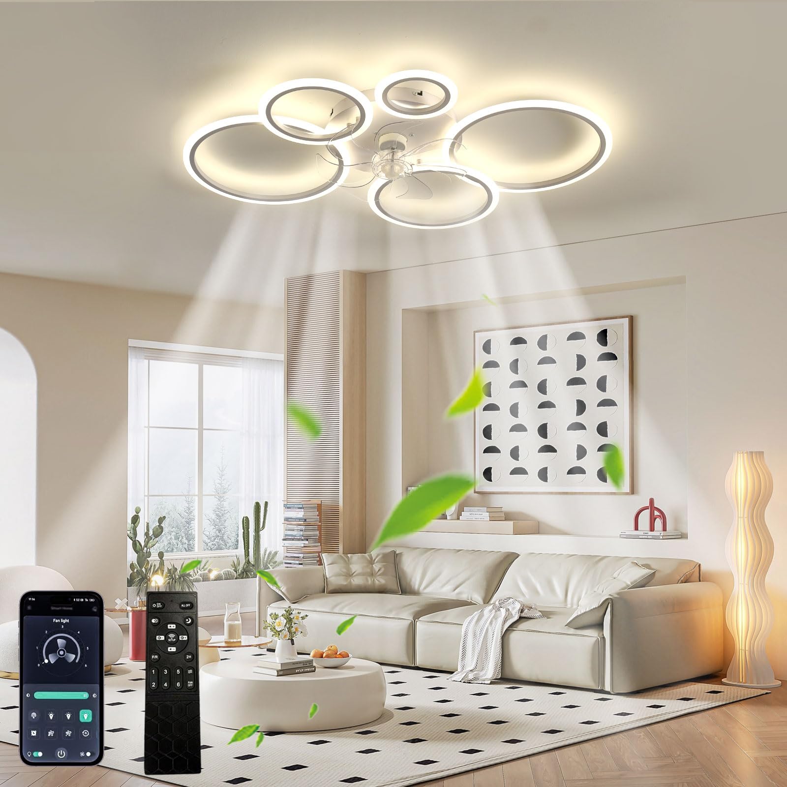 HXYSXHJUO Ceiling Fans with Lights and Remote, Dimmable LED Quiet Fan Light for Bedroom Living Room, Reversible DC Motors, Circle Design, Recessed, Remote Control, Modern