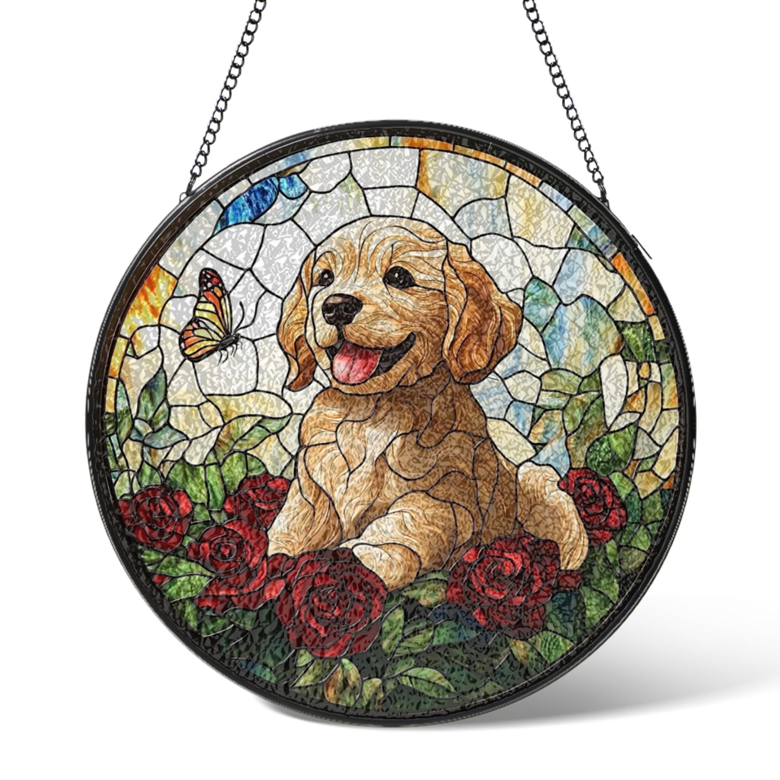 Golden Retriever Dog Flower Stained Glass Window Hanging,Dogs Flower Suncatcher Garden Decor Birthday Gifts,Sun Catchers Home Decoration for Kitchen Patio Windows,Christmas Housewarming Gift 10 cm
