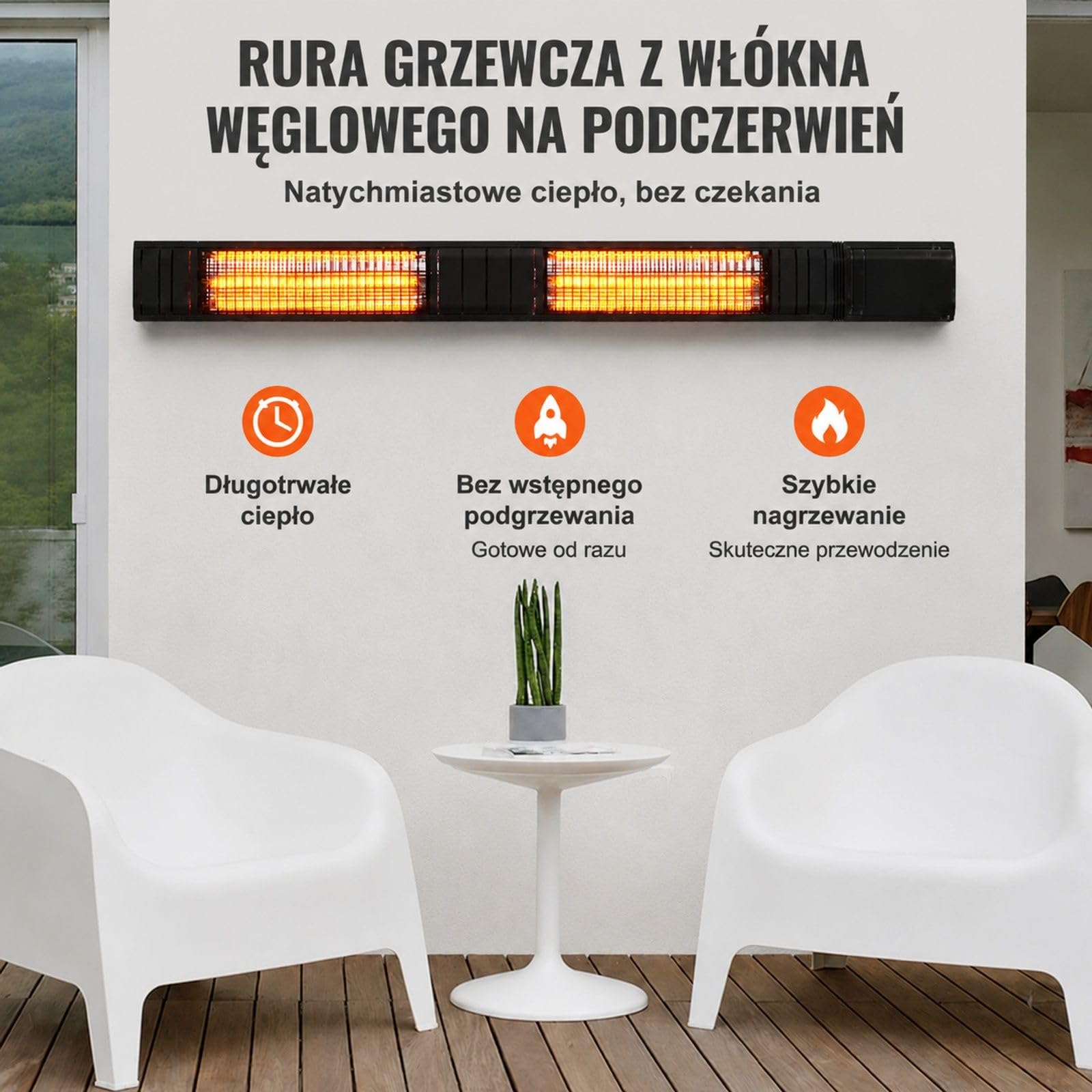 Elektryczny promiennik podczerwieni 3000 W, karbonowa rura grzewcza, montaż ścienny, do patio, ganku i ogrodu
