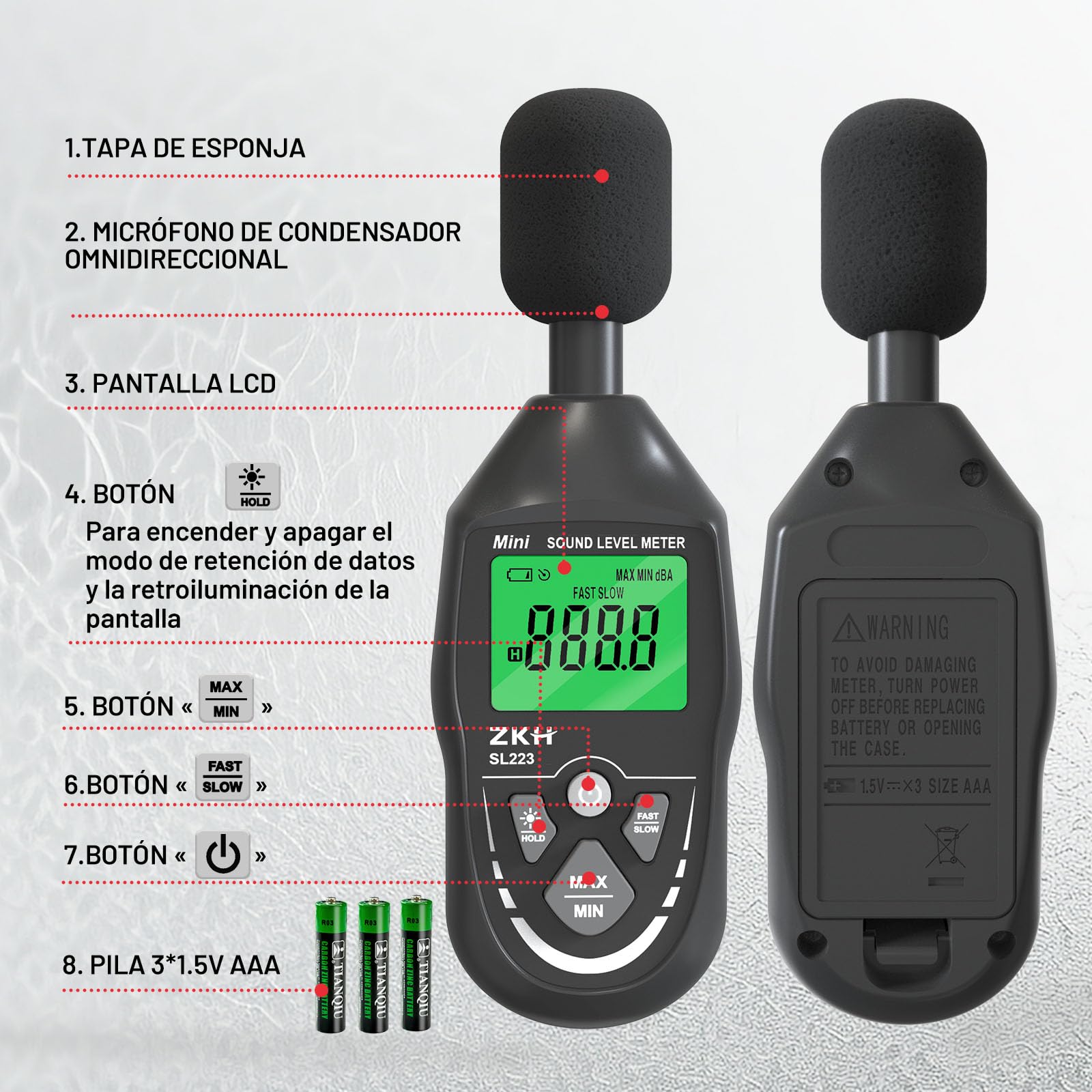 ZKH Sonometro Digital, Medidor Decibelios Portátil Rango 30-130dB, Pantalla LCD, Ponderación A, Frecuencias 30-8KHz, Resolución 0.1dB, Precisión ±1.5dB, Función Max/Min/Hold, para Casa, Fábrica