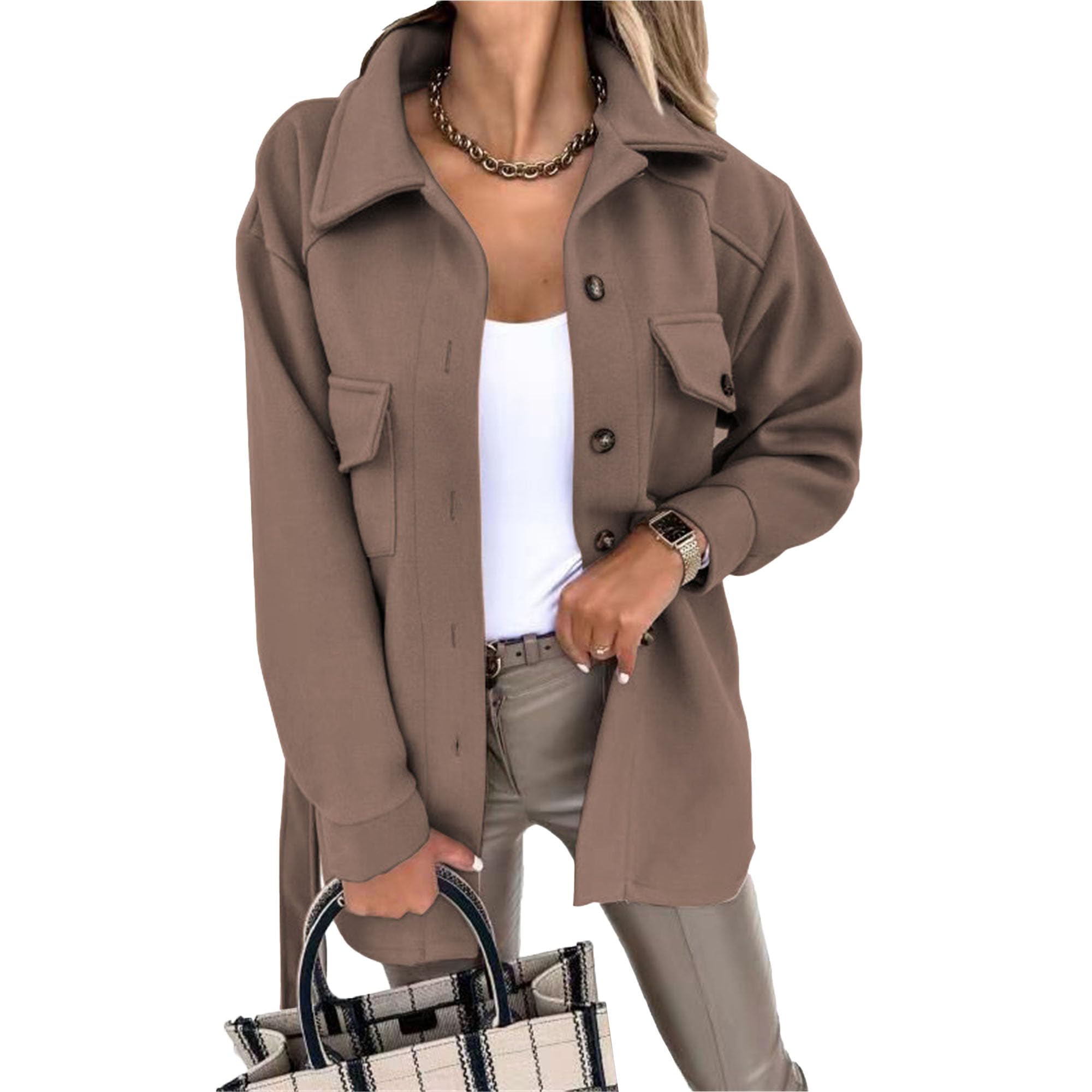 Maiyifu-GJ Womens Casual Trench Coat Wool Blend Coats Jackets Lapel Single Breasted Overcoats Mid Length Outerwear