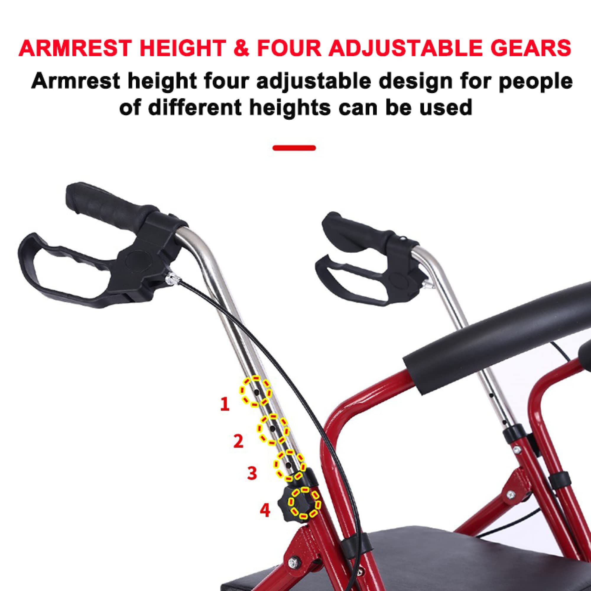 Andador portátil con cojín calefactor USB - Andador plegable de acero Freedom Mobility con ruedas de 5 pulgadas, carga hasta 220 lbs, rojo