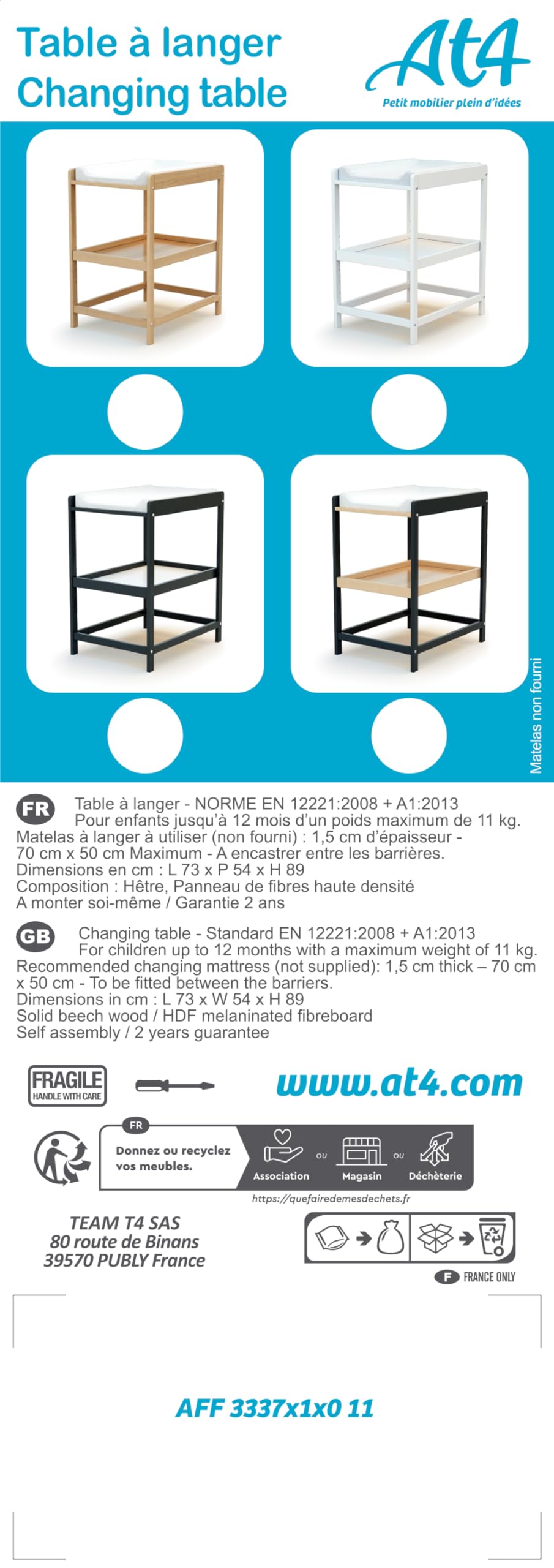 AT4 - Cambiador bebé 1 estante CONFORT madera - Blanco - 73 x 54 x 90 cm