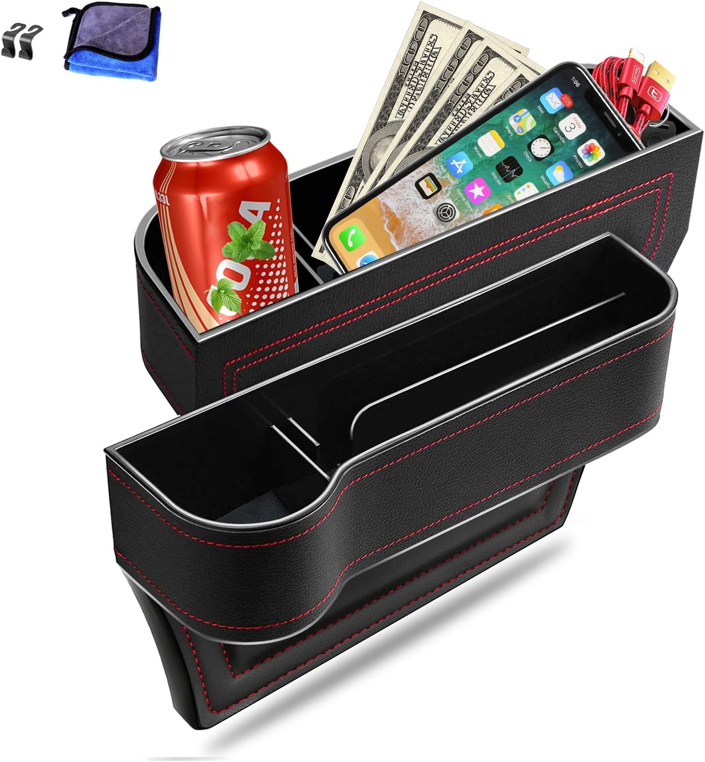 Car Seat Gap Filler Organizer, 2 Pack Multifunctional Car Seat Organizer, Auto Console Side Storage Box with Cup Holders 2 Seat Hooks for Drink, Car Organizer Front Seat for Holding Phone, Sunglasses