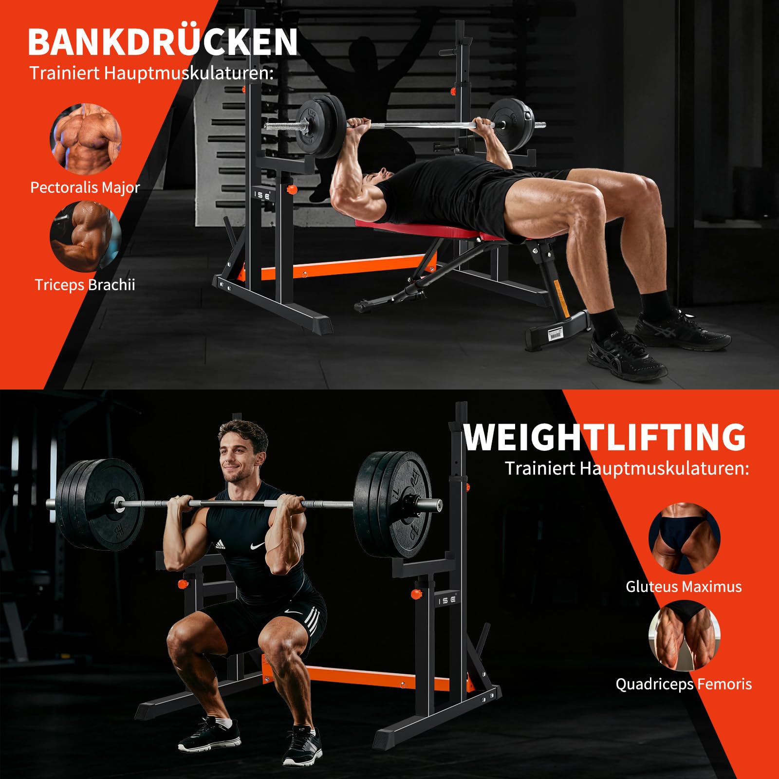ISE Squat Rack Hantelständer, Langhantelständer, verstellbare Langhantelablage mit 7 Höhen- und Breiteverstellbar Power Rack, Multi-Funktionales Kniebeugenständer, Max. bis 200 kg Belastbar
