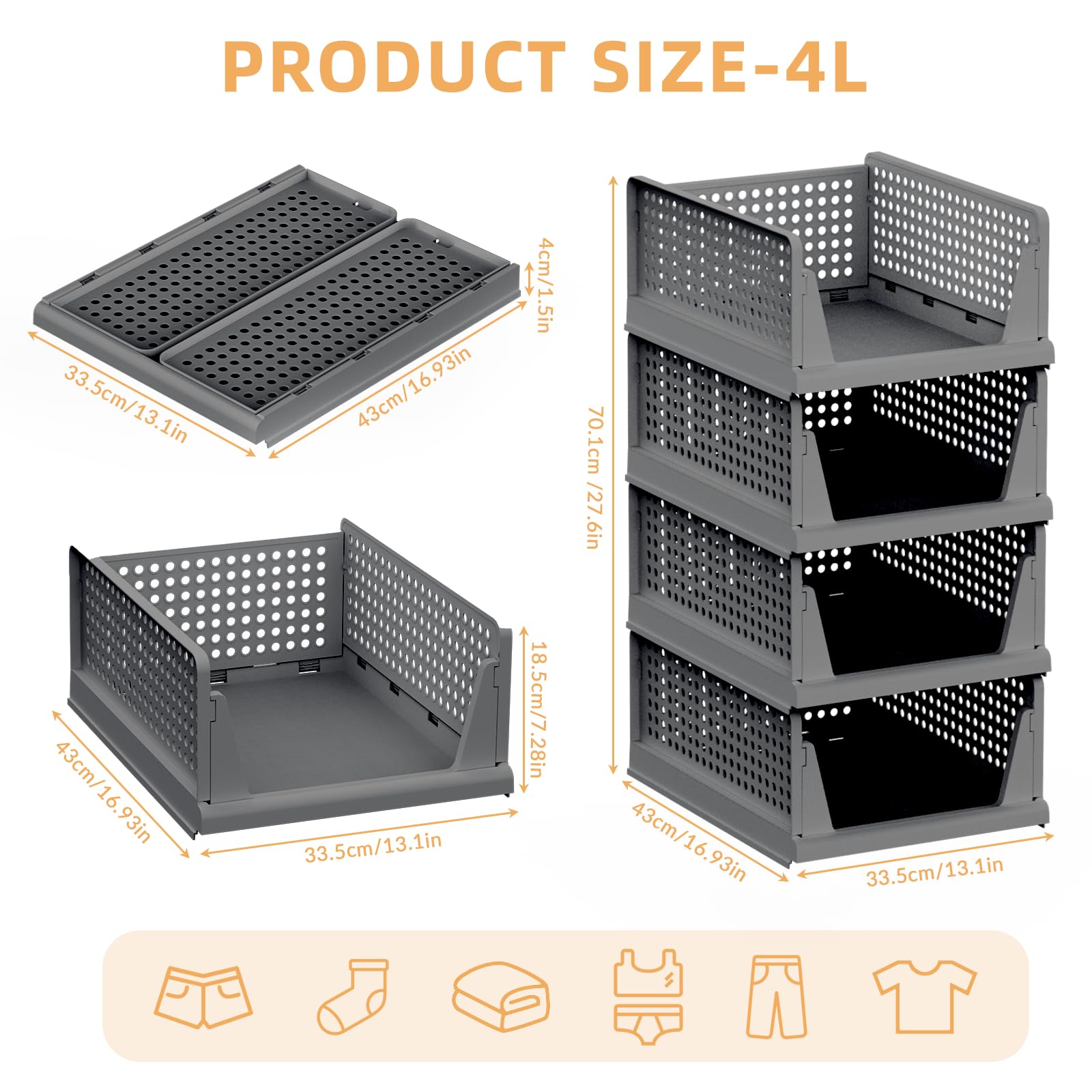 4 Pezzi Organizer Armadio Cassettiere, Organizer Pieghevole Impilabili, per Armadio per Vestiti Camera da letto, Cucina, Bagno, Casa
