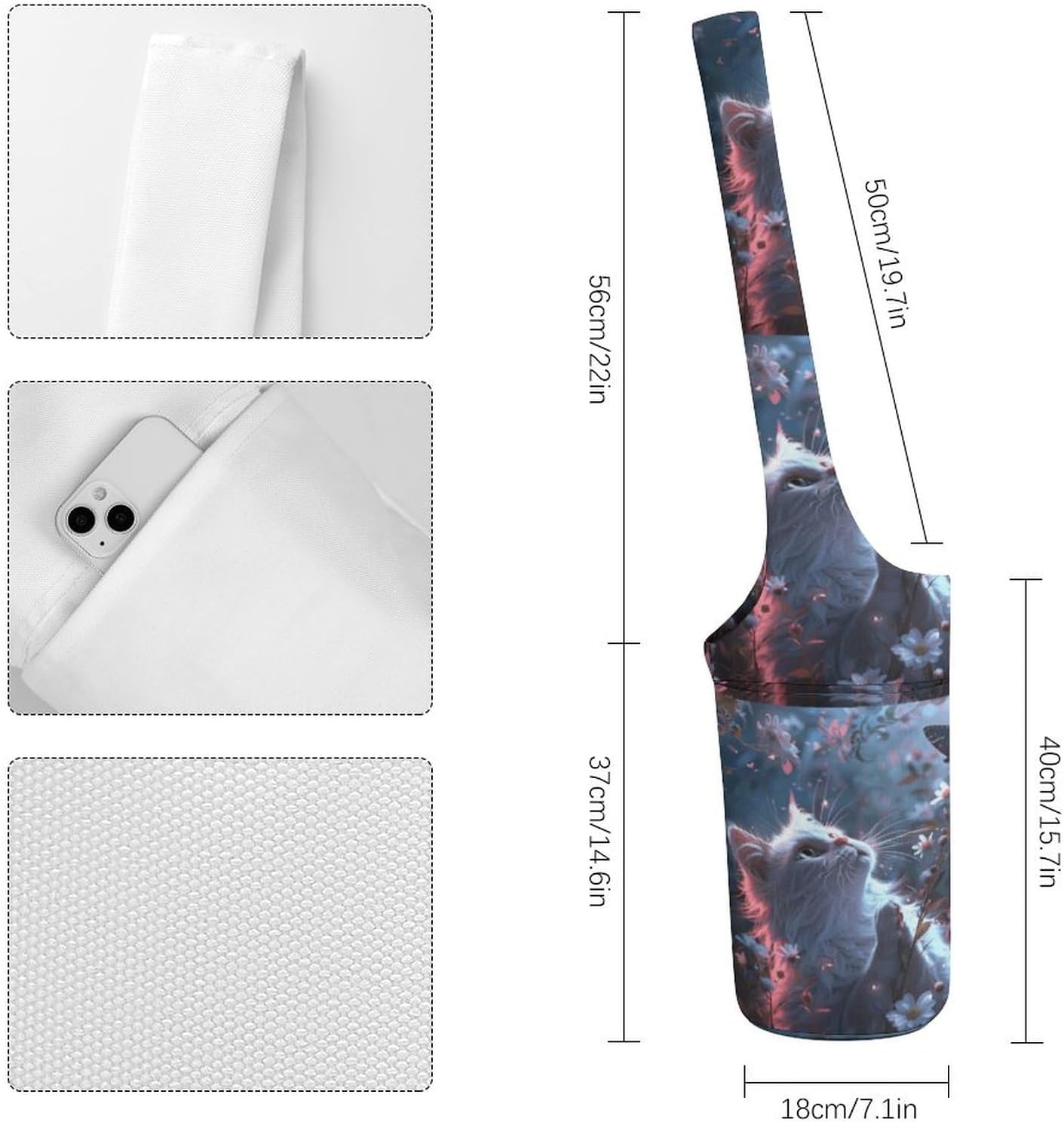 Canvas Yoga Bag,White Cat in Flowers Printed Yoga Mat Handbag,Portable Yoga Mat Bag Large Capacity Gym Bag for Men Women Pilates Beach Travel