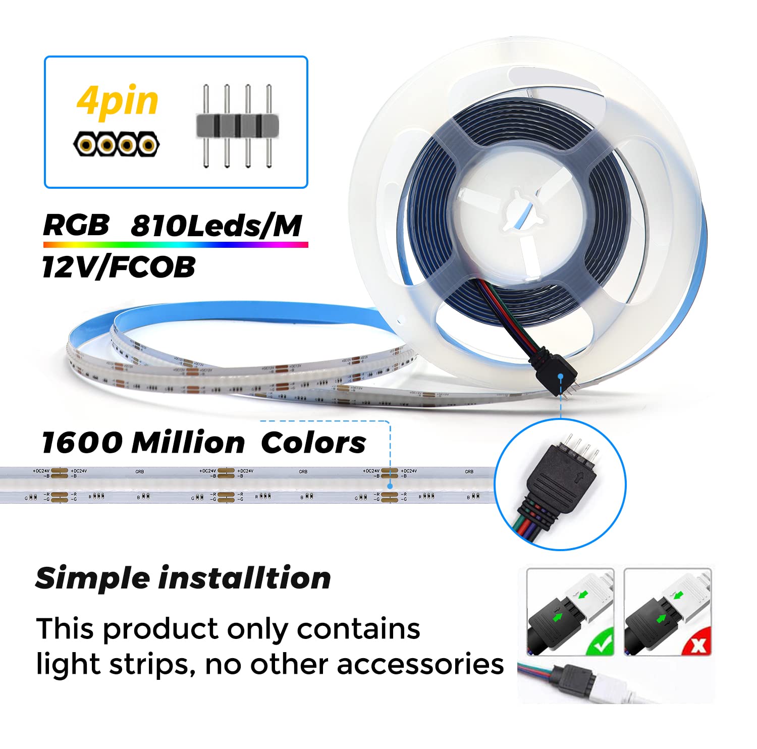 Arotelicht 12V Striscia LED COB RGB 5m Strisce LED COB Dimmerabile Catena Luminosa Ad Alta Densità 810LEDs/M IP20 Per Camera Da Letto Cucina Casa Decorazione - Foto 8