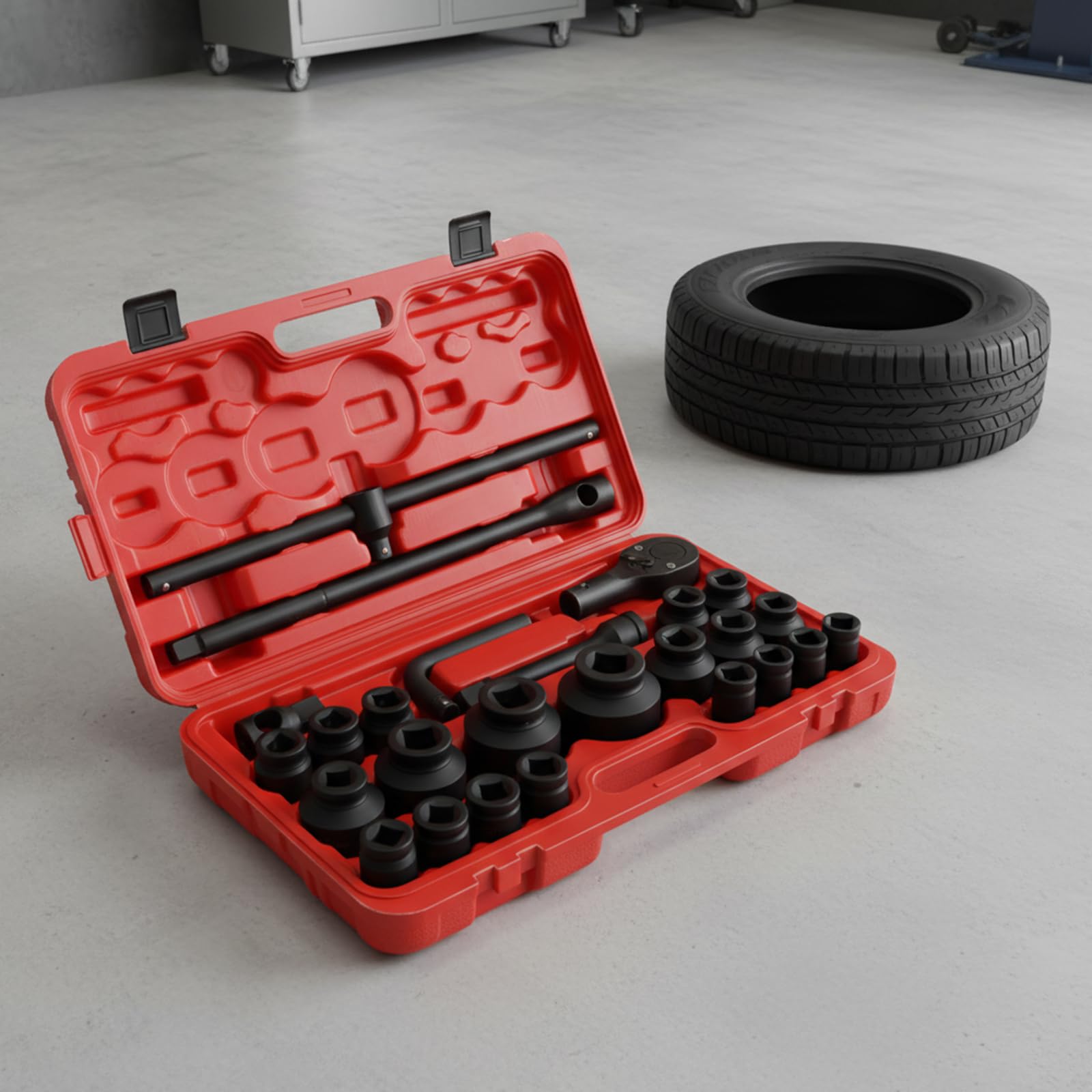 Jeu de douilles 3/4" et 1", Coffret Douilles À Choc Pouce 26 Pièces, Jeu Profondes 6 Pans 21-65Mm, Coffret à douilles pour voiture, Acier Carbone 45 Trempé, Mécanique Auto Camion Poids Lourd