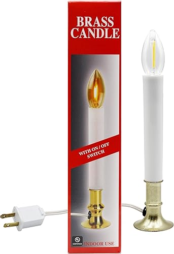 Creative Hobbies® Lámpara de vela eléctrica para ventana con base chapada en latón, interruptor de encendido/apagado, bombilla, listo para usar (LED)