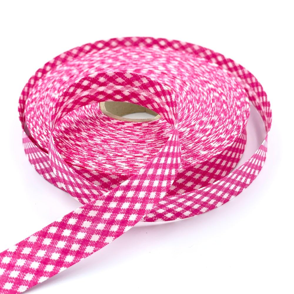 Craft Cult 18mm Wide Gingham Printed Pattern Bias Binding Tape - 25 Metre Roll (27 - Cerise)