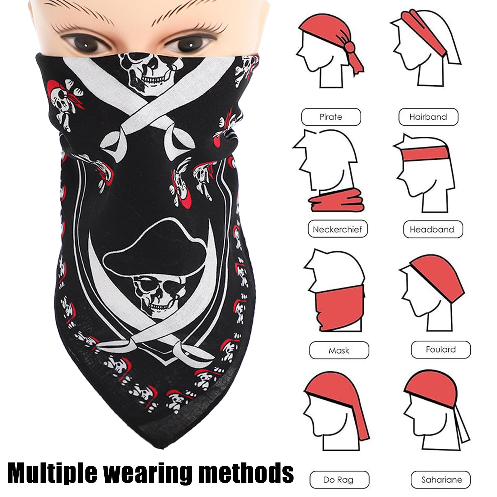 3 pañuelos negros de calavera, diadema de pirata de Halloween, bufanda de algodón de doble cara, envoltura para la cabeza para mujeres y hombres, uso diario unisex