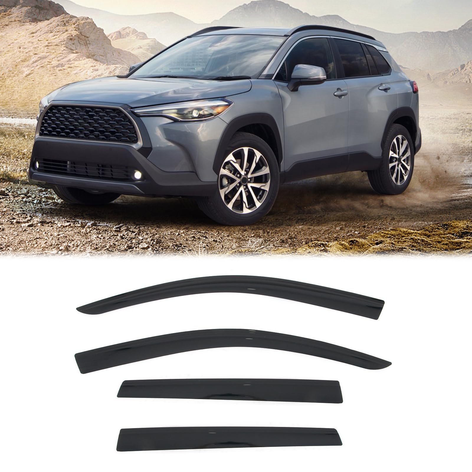 FREEMOTOR802 Low-Profile Window Deflectors Fits 2022-2025 Toyota Corolla Cross | Tape-on Mount Rain Guards Side Window Visors Wind Deflectors Dark