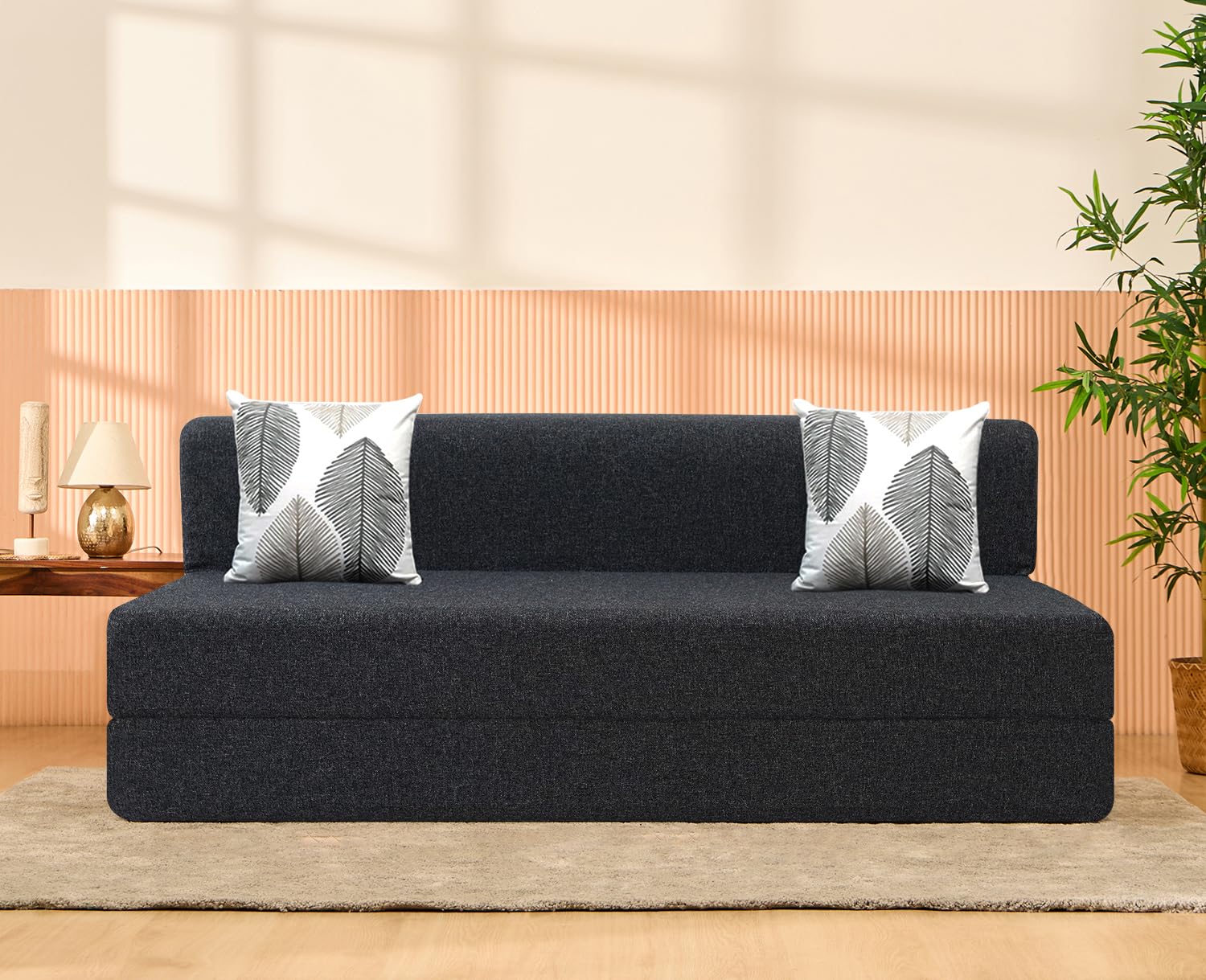 uberlyfe 3 Seater Sofa Cum Bed | 1 Year Warranty | Queen Mattress, Foldable Sofacum Bed | 15" Sofa Height |2 Cushions Threadbare Pattern |Jute Finish Fabric, Dark Grey | 6' X 6' Feet
