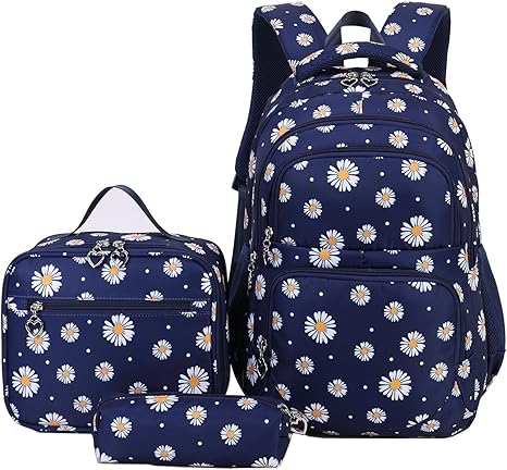goldwheat Daisy Printed Backpacks With Lunch Pack Pencil Case 3pcs, Lightweight Waterproof Bookbag For Middle School