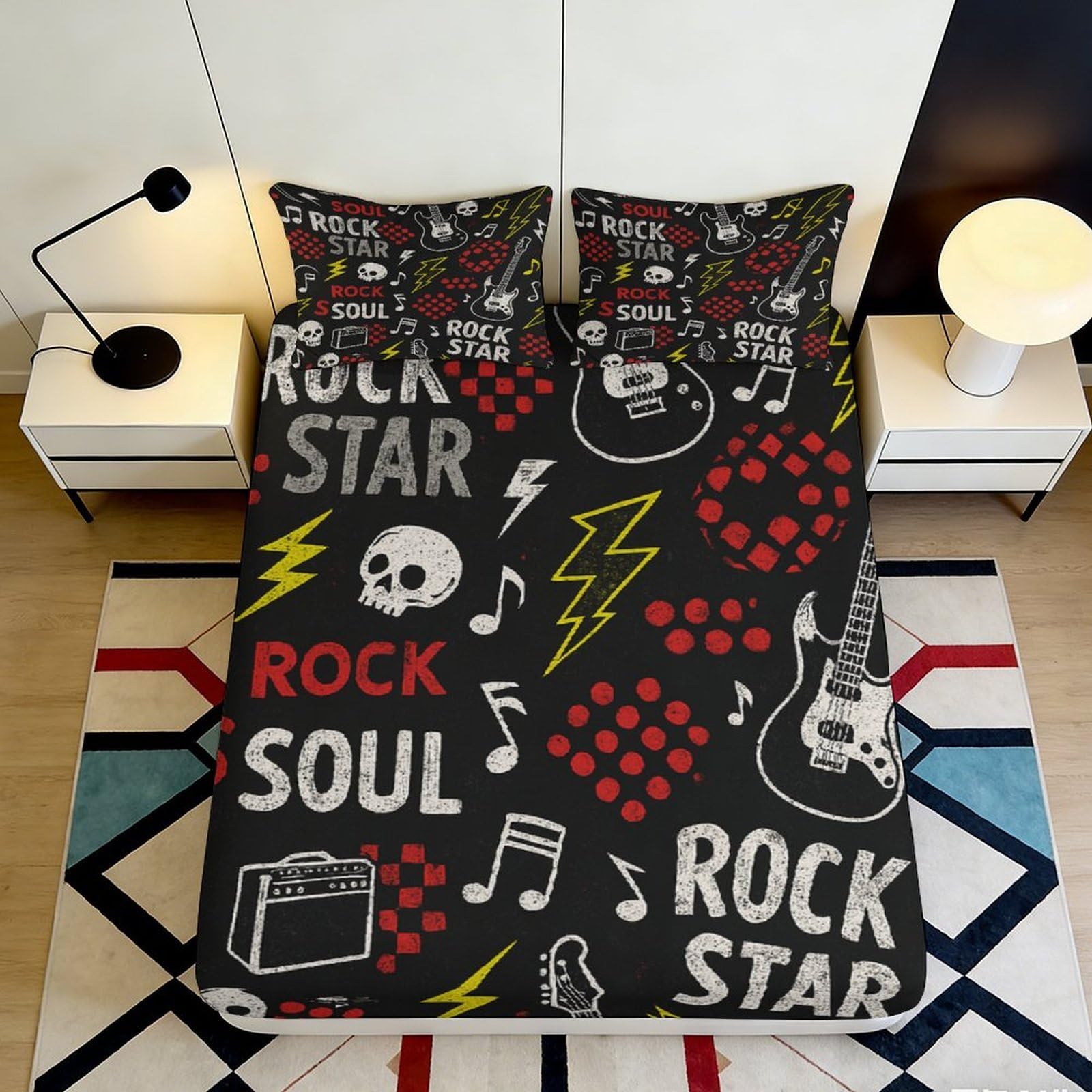3D Printed Rock Music Fitted Sheet Microfiber Soft Breathable Guitar Skull Bed Cover for Bedroom Dorm Decor 90x200x25cm