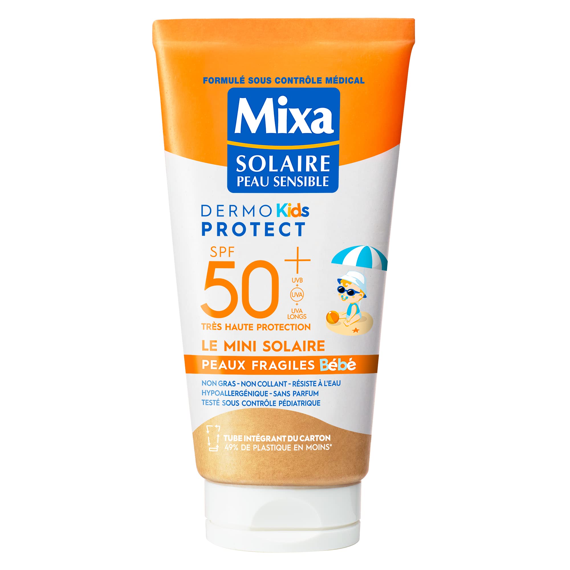 Mixa Solaire Solaire - Mini Suncare Milk Super High Protection SPF50+ UVA UVA Long UVB - Sensitive Skin for Babies - Travel Size - Hypoallergenic Fragrance Free - 50ml