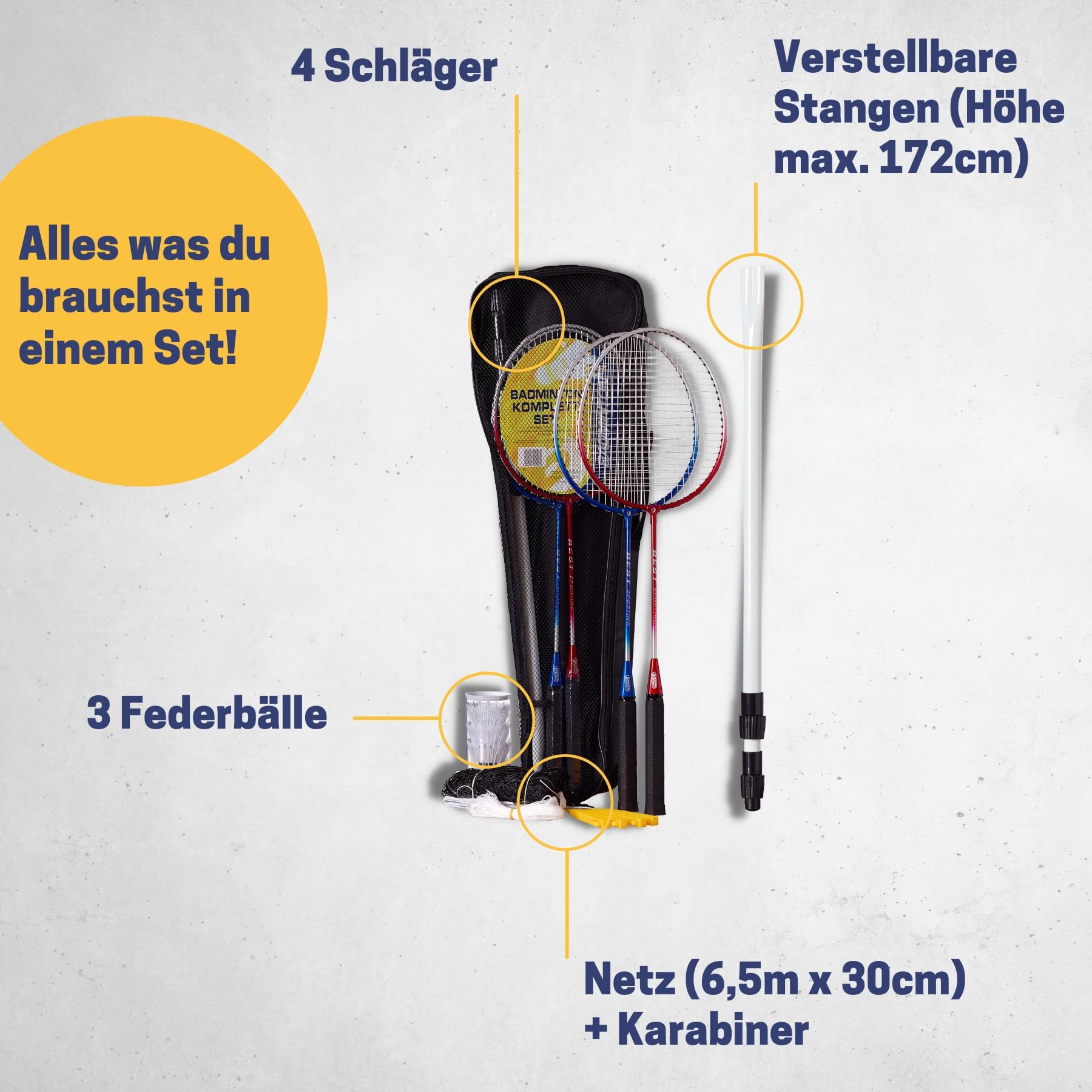 Best Sporting Federball Set Erwachsene und Kinder I Badminton Set bestehend aus Netz, 4 Schlägern, 3 Badmintonbällen und Tasche I Federball Set Kinder I Badminton Netz und Schläger für den Garten