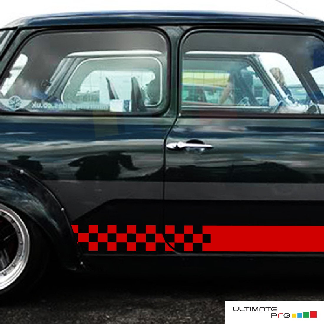 2x Black & Red Chequered Flag Ripped Metal Slash Vinyl Sticker Decal 93x50mm