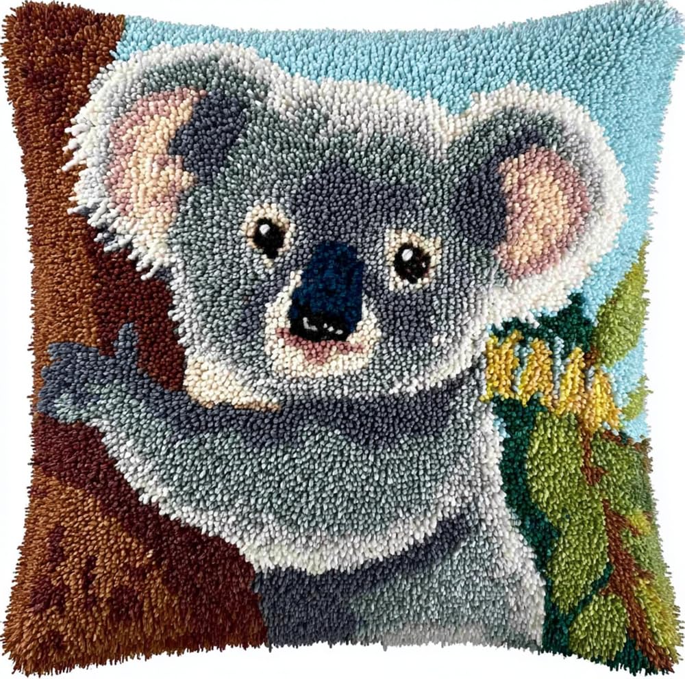 Rqwybcaxn Latch Hook Cushion Kit -Koala 17X17Inch, DIY Needlework Pillow Cover Cushion Rug Making Kit for Adults