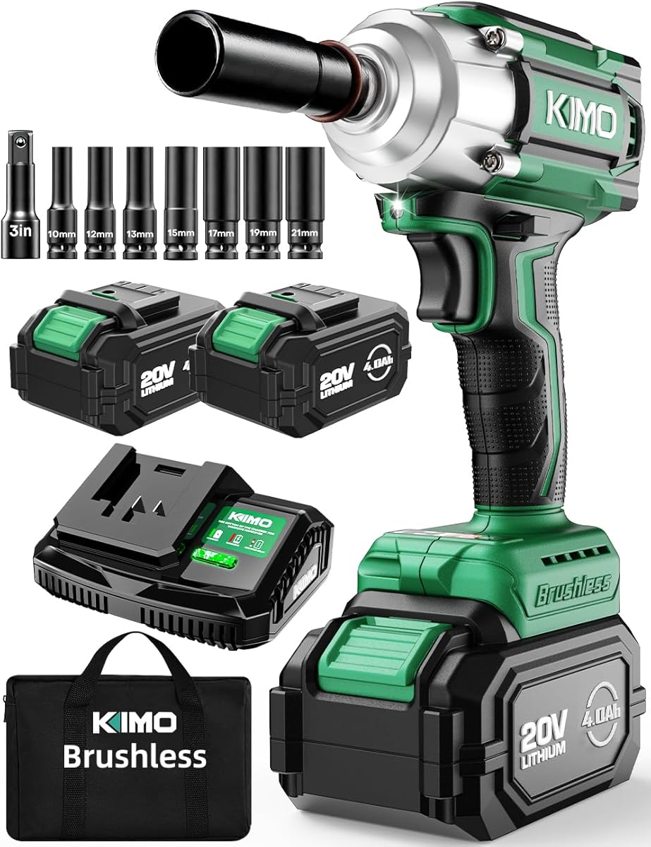 KIMO Impact Wrench 1/2 Cordless,550N.m/406ft-lbs Max Torque & 3000RPM, 2x20V 4.0Ah Battery, Impact Gun with 7 Drive Impact Sockets, 3 Inch Extension Bar, 1 Hour Fast Charger Impact Drill for Car Tires