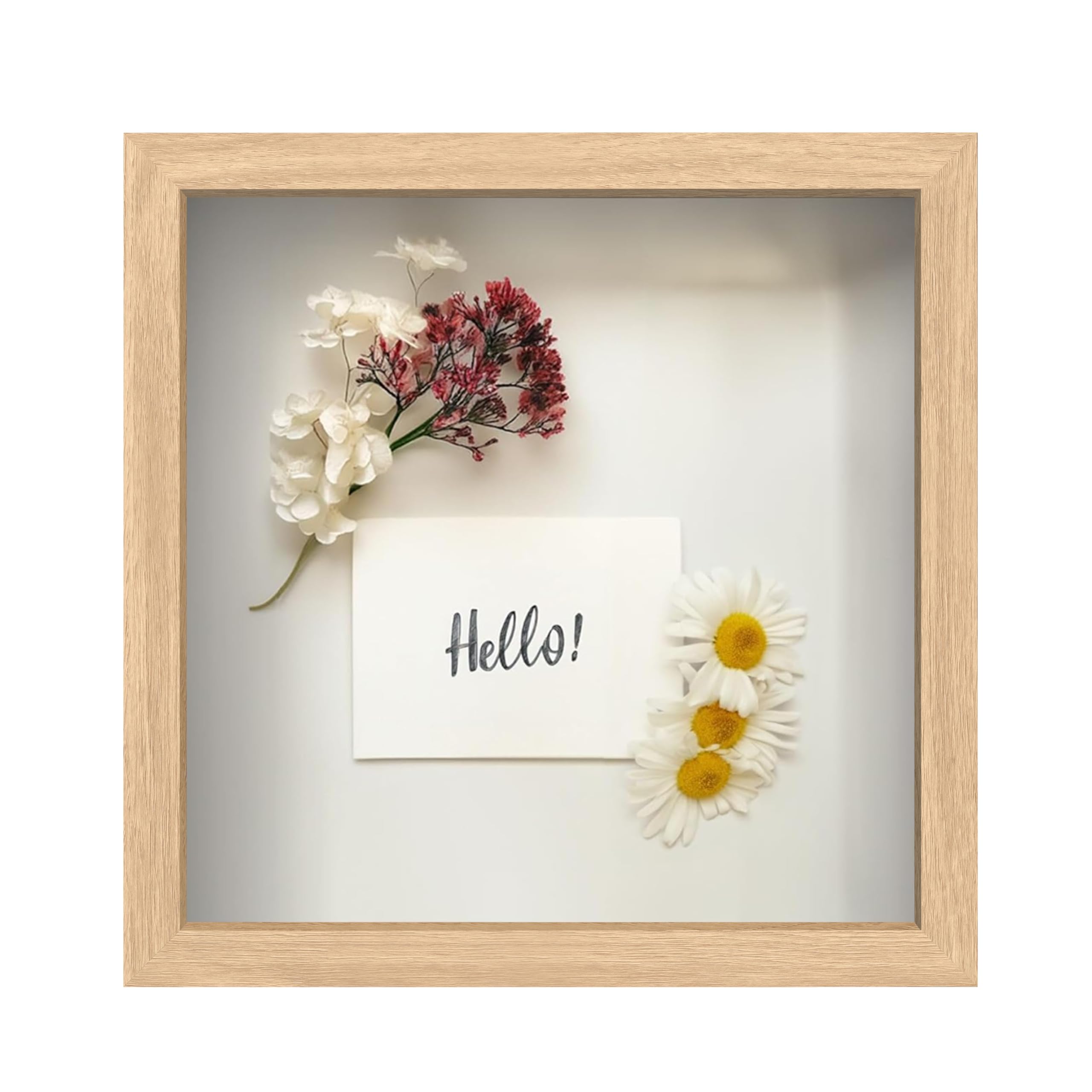 FrameWorks 11” x 11” Natural Oak Wooden Shadow Box Frame – Display Case with Soft Felt Back, Memory Box with Tempered Glass, Display Box with Elegant White Ball Push Pins, Wooden Flower Box