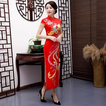 REDBMX Chinese Style Formal Dress Women Silk Satin Long Qipao Vintage Elegant Print Phoenix Cheongsam