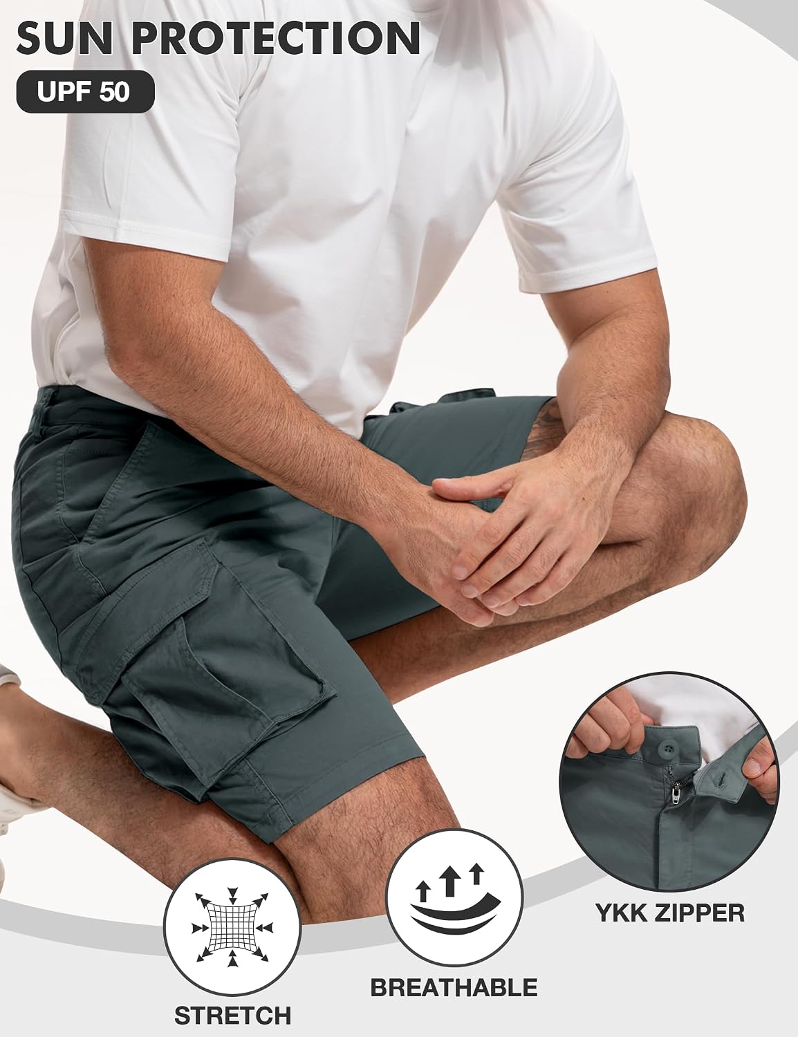 Summer Cargo Shorts for Men - Outdoor Hiking Shorts 7 Pockets, Grey