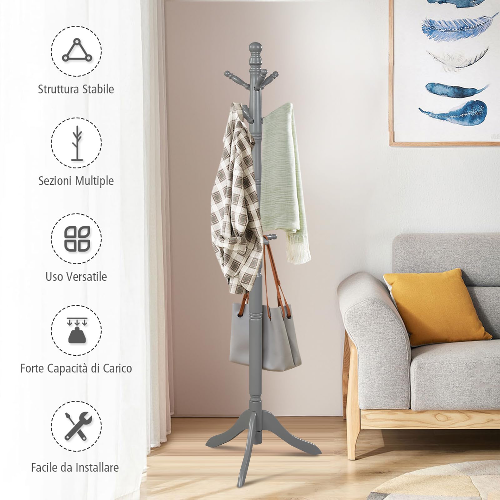 COSTWAY Attaccapanni ad Albero, Appendiabiti in Legno di Gomma con 9 Ganci, Albero Porta Abiti per Camera da Letto Soggiorno Ingresso e Ufficio, 50x50x138-175 cm (Grigio)