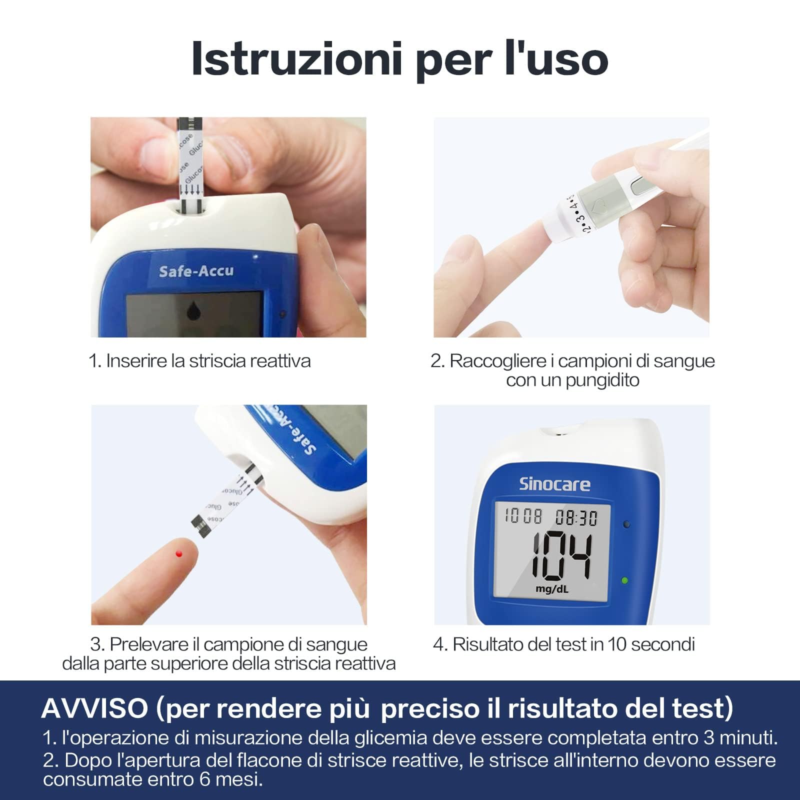 Sinocare Strisce Reattive di Glucosio nel Sangue Precisa Anti-Interferenza Solo per Safe-Accu2 Contiene 200 Strisce e 200 Lancette, Solo per il Glucometro Safe-Accu2