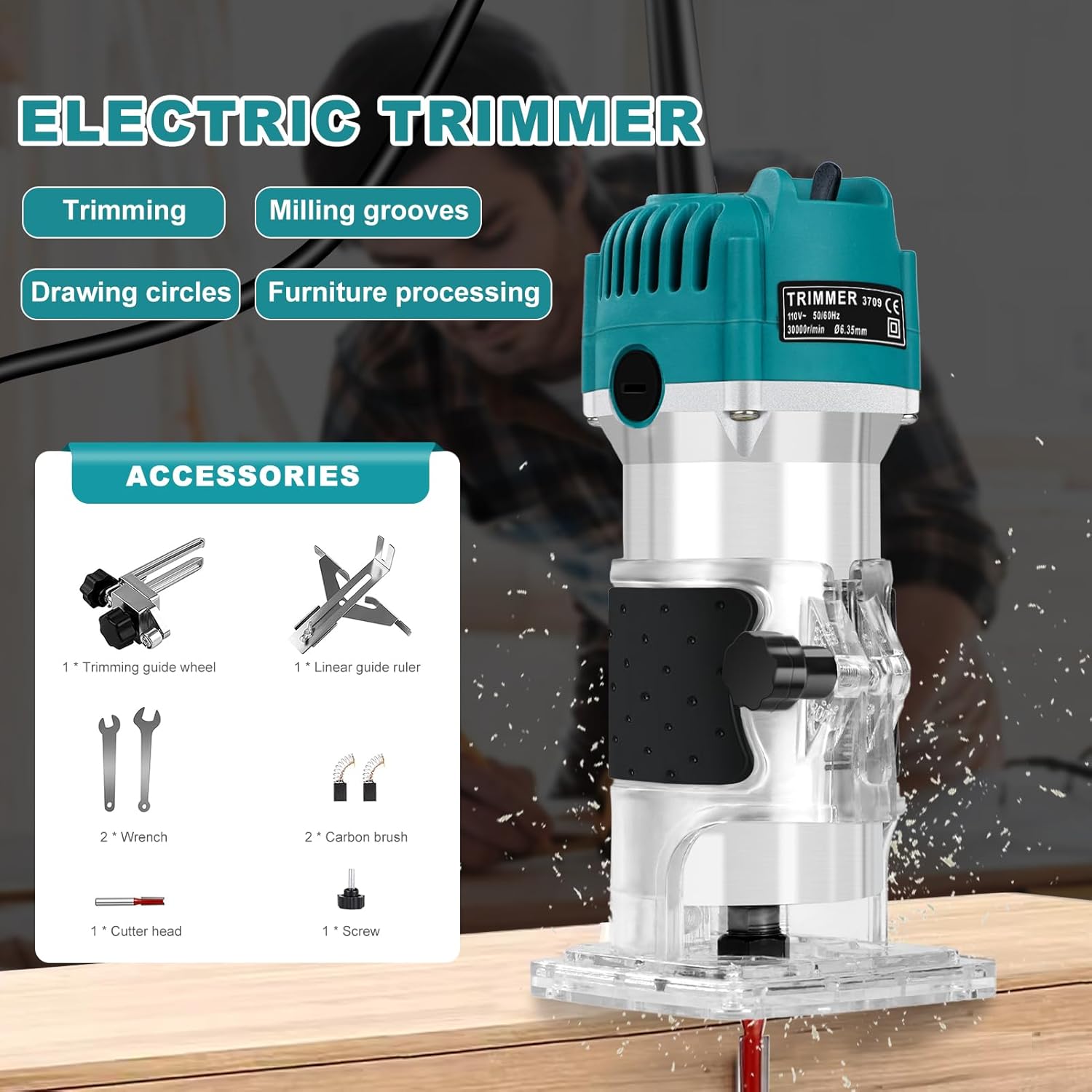 Router Tool, Wood Router 110V 800W Compact Electric Hand Trimmer 30000RPM for Woodworking Trimming, Milling, Engraving, Slotting