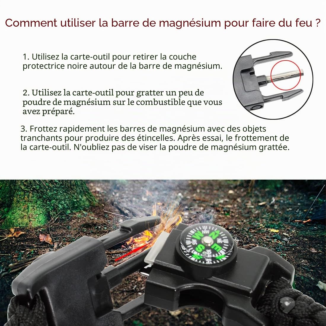 Bracelet de survie 21 en 1 réglable avec lumière LED SOS, allume-feu, boussole, sifflet de survie, parfait pour le camping, la randonnée, la pêche (noir, 3 pièces)